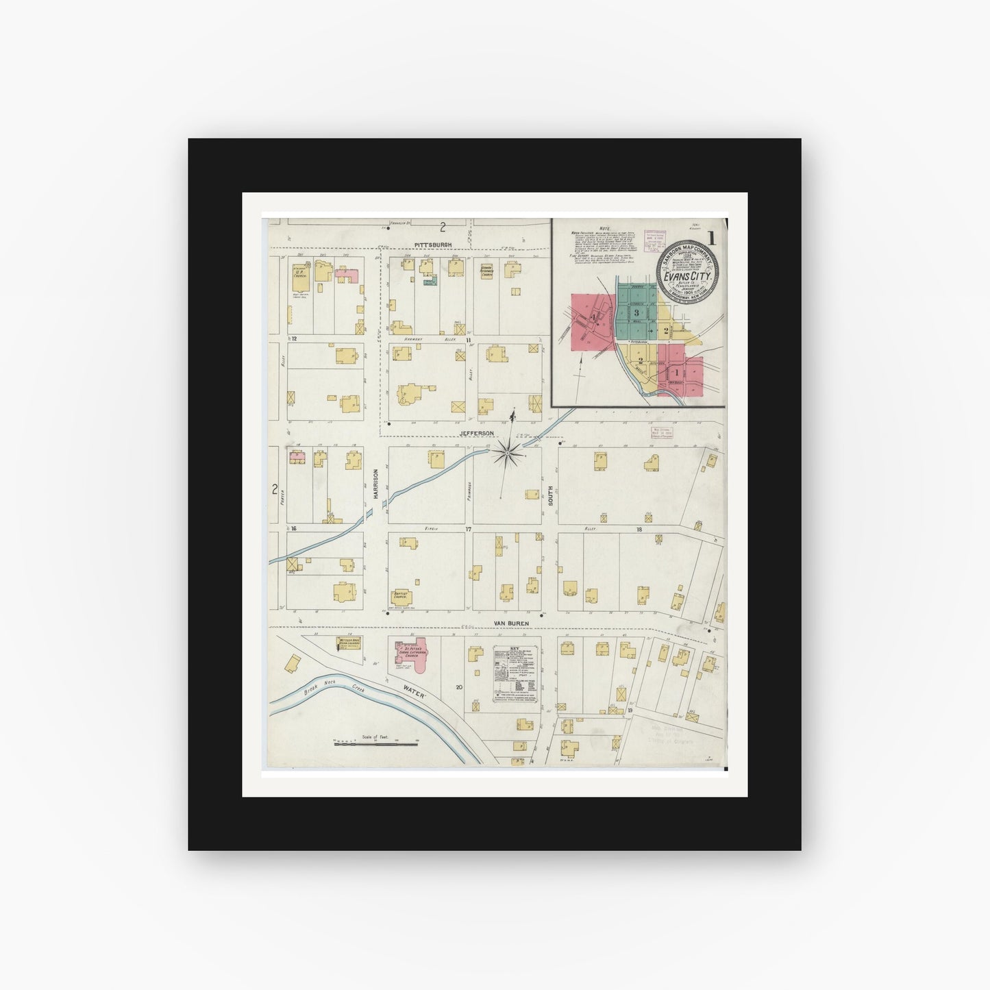 Old map wall art mockup — black gallery frame with white mat — Sanborn Fire Insurance Map from Evans City, Butler County, Pennsylvania (1906) - Complete Map Set