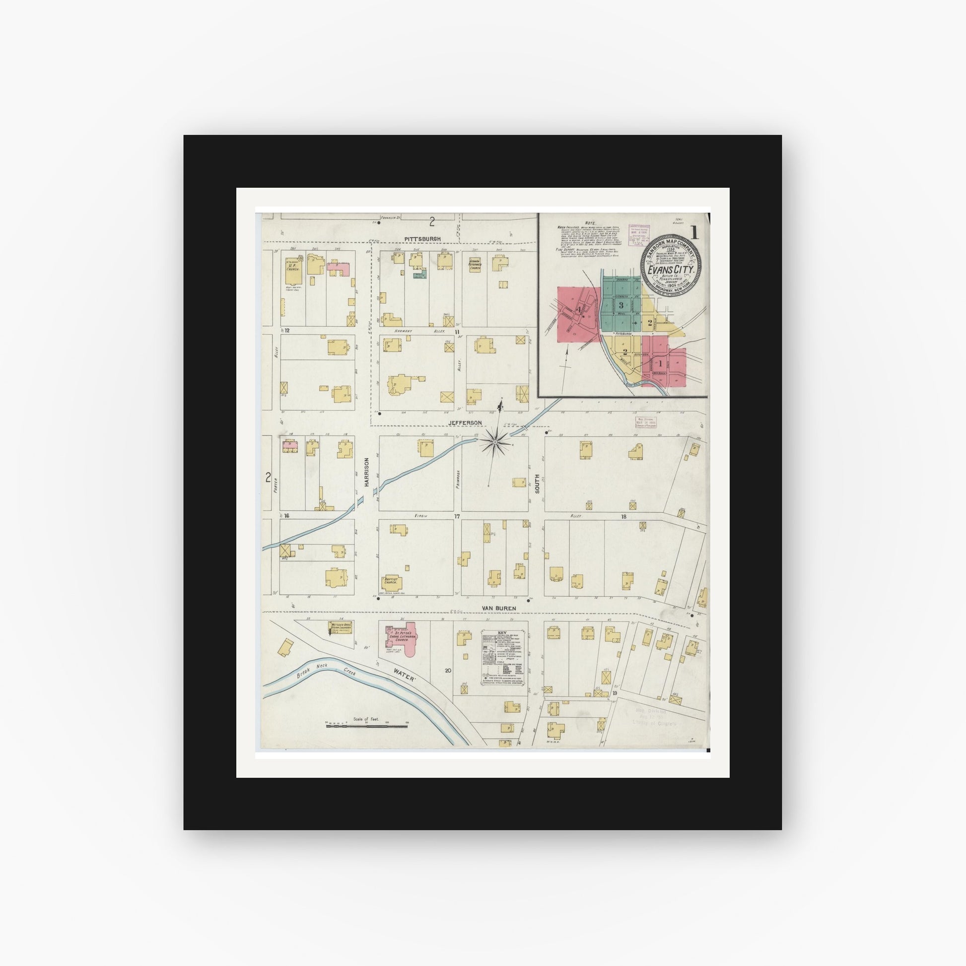 Old map wall art mockup — black gallery frame with white mat — Sanborn Fire Insurance Map from Evans City, Butler County, Pennsylvania (1906) - Complete Map Set