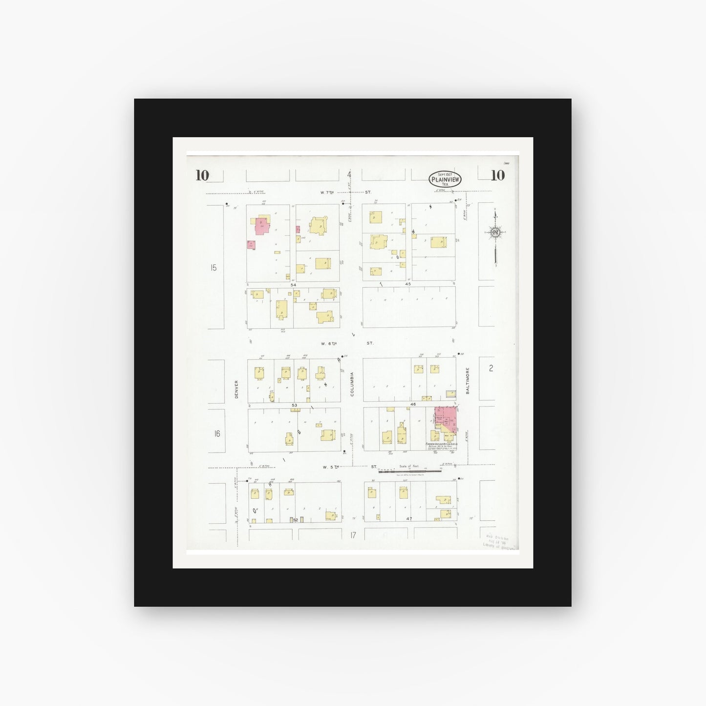 Old map wall art mockup — black gallery frame with white mat — Sanborn Fire Insurance Map from Plainview, Hale County, Texas (1927), Sheet #0010