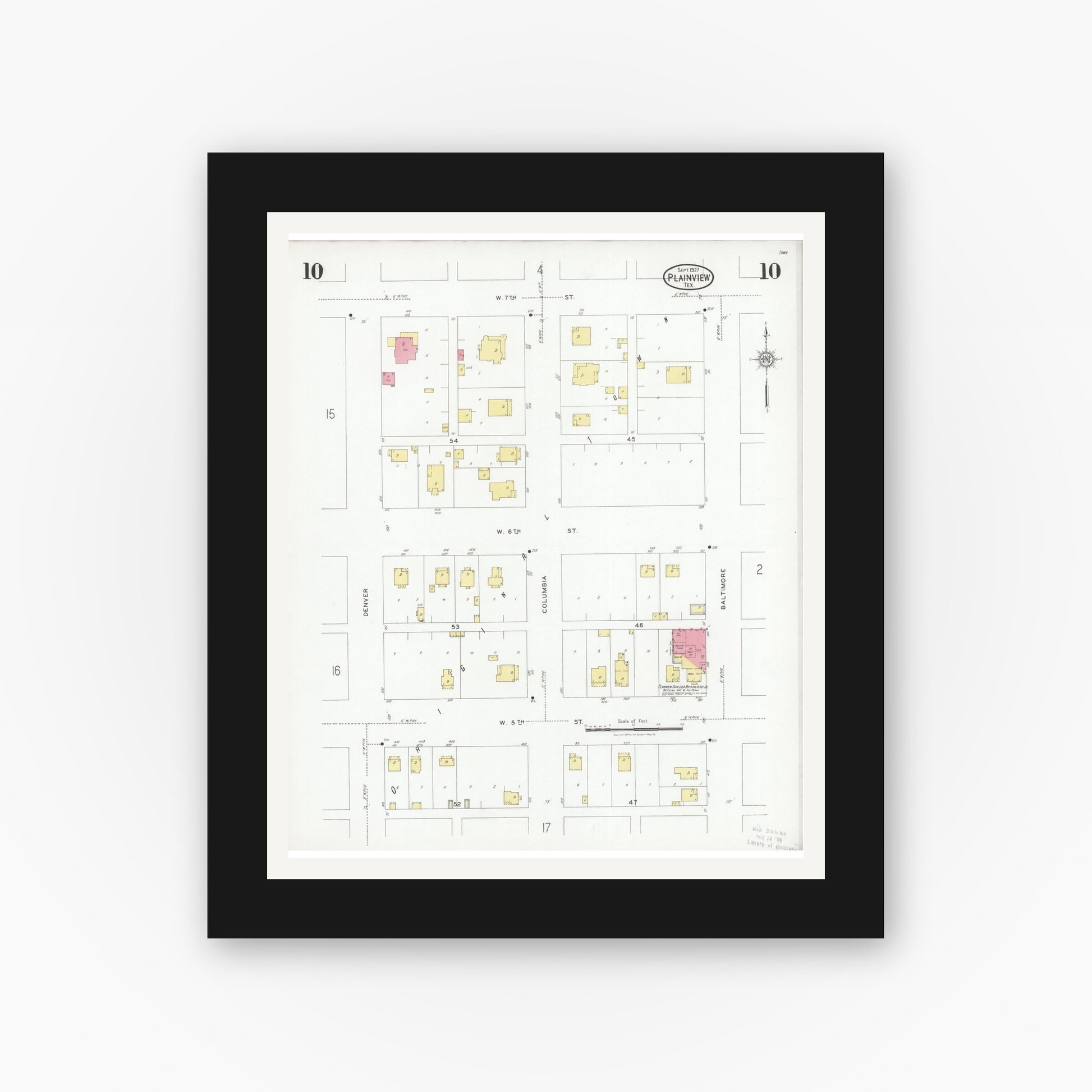 Old map wall art mockup — black gallery frame with white mat — Sanborn Fire Insurance Map from Plainview, Hale County, Texas (1927), Sheet #0010