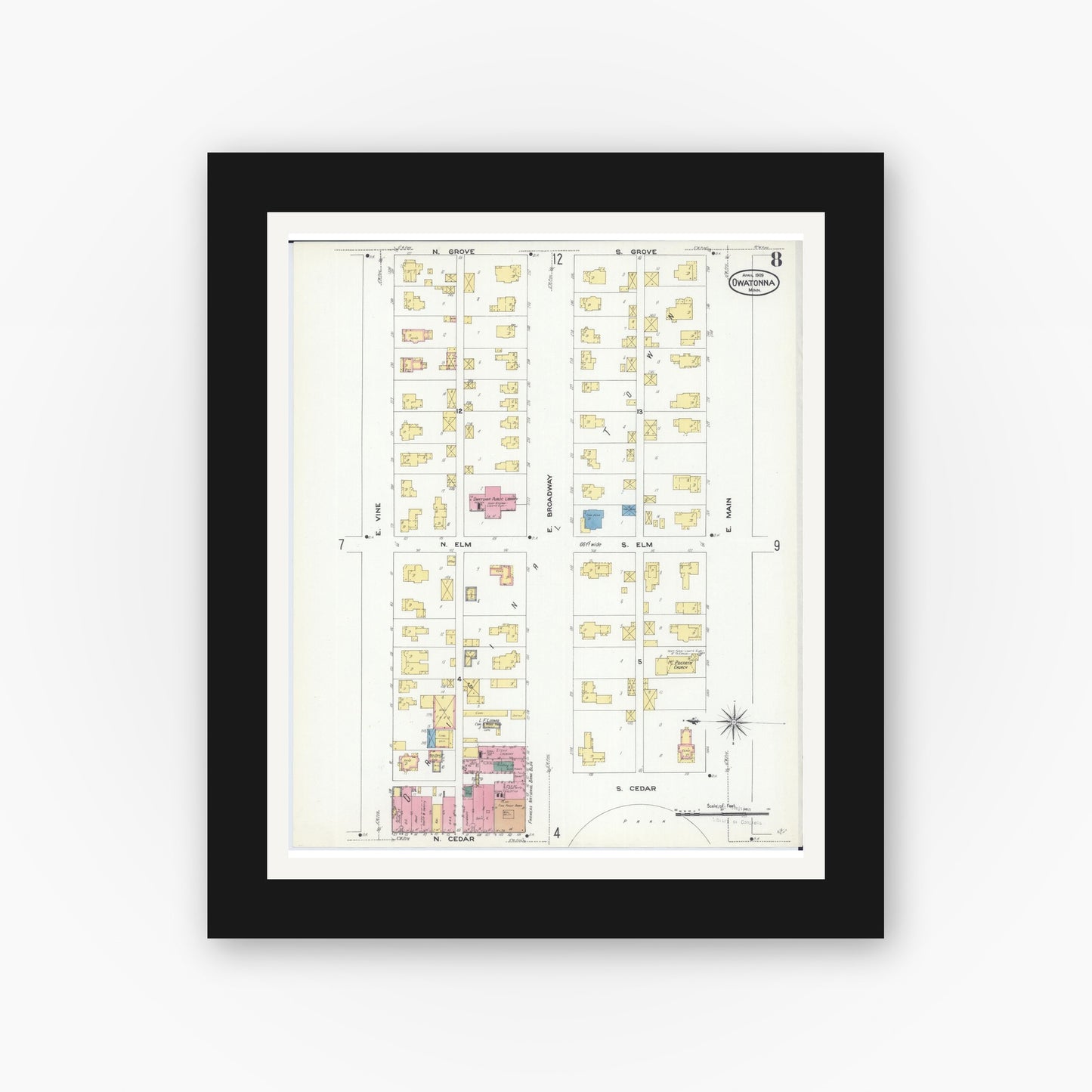 Old map wall art mockup — black gallery frame with white mat — Sanborn Fire Insurance Map from Owatonna, Steele County, Minnesota (1909), Sheet #0008