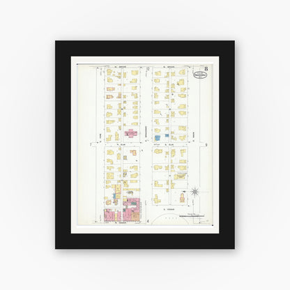 Old map wall art mockup — black gallery frame with white mat — Sanborn Fire Insurance Map from Owatonna, Steele County, Minnesota (1909), Sheet #0008