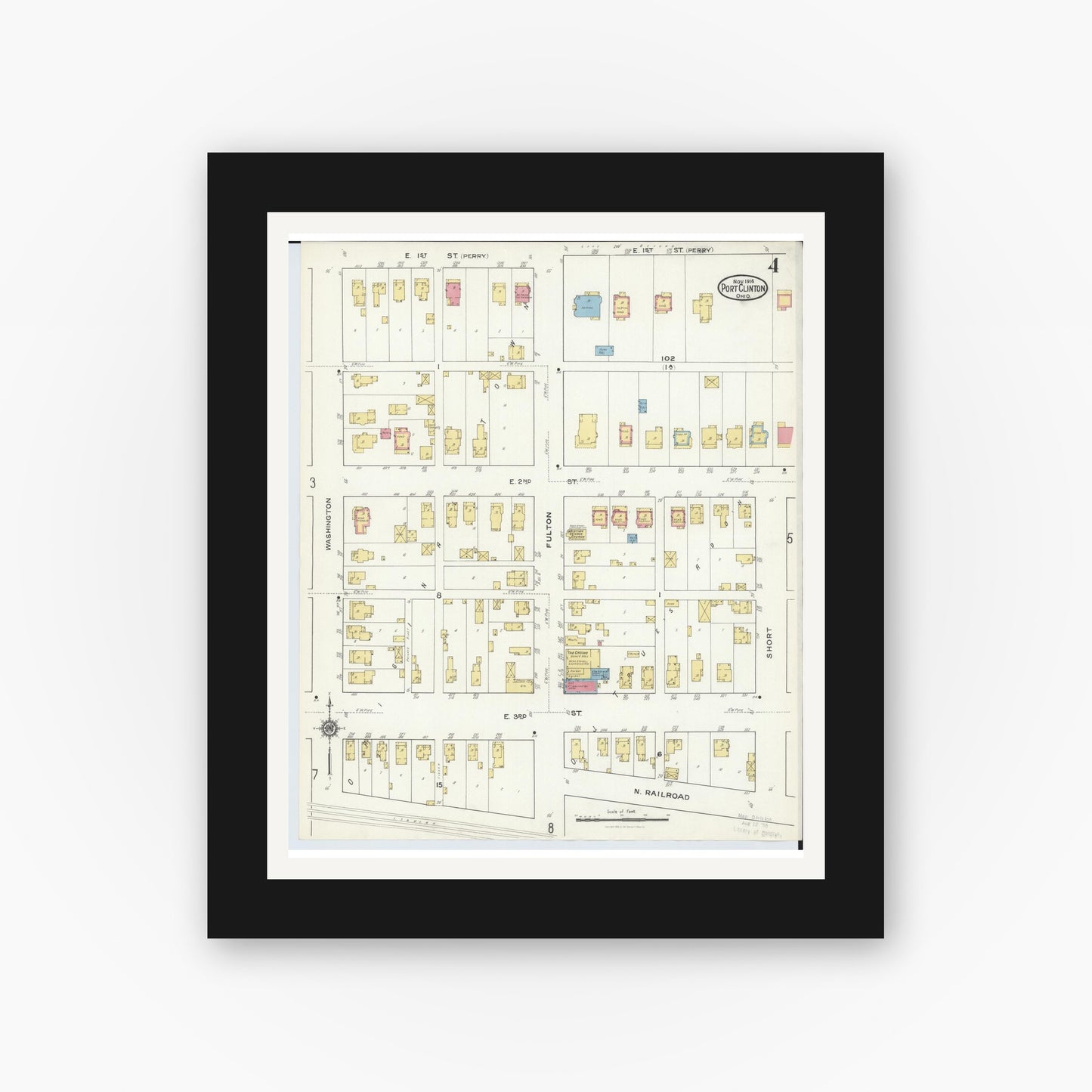 Old map wall art mockup — black gallery frame with white mat — Sanborn Fire Insurance Map from Port Clinton, Ottawa County, Ohio (1916), Sheet #0004