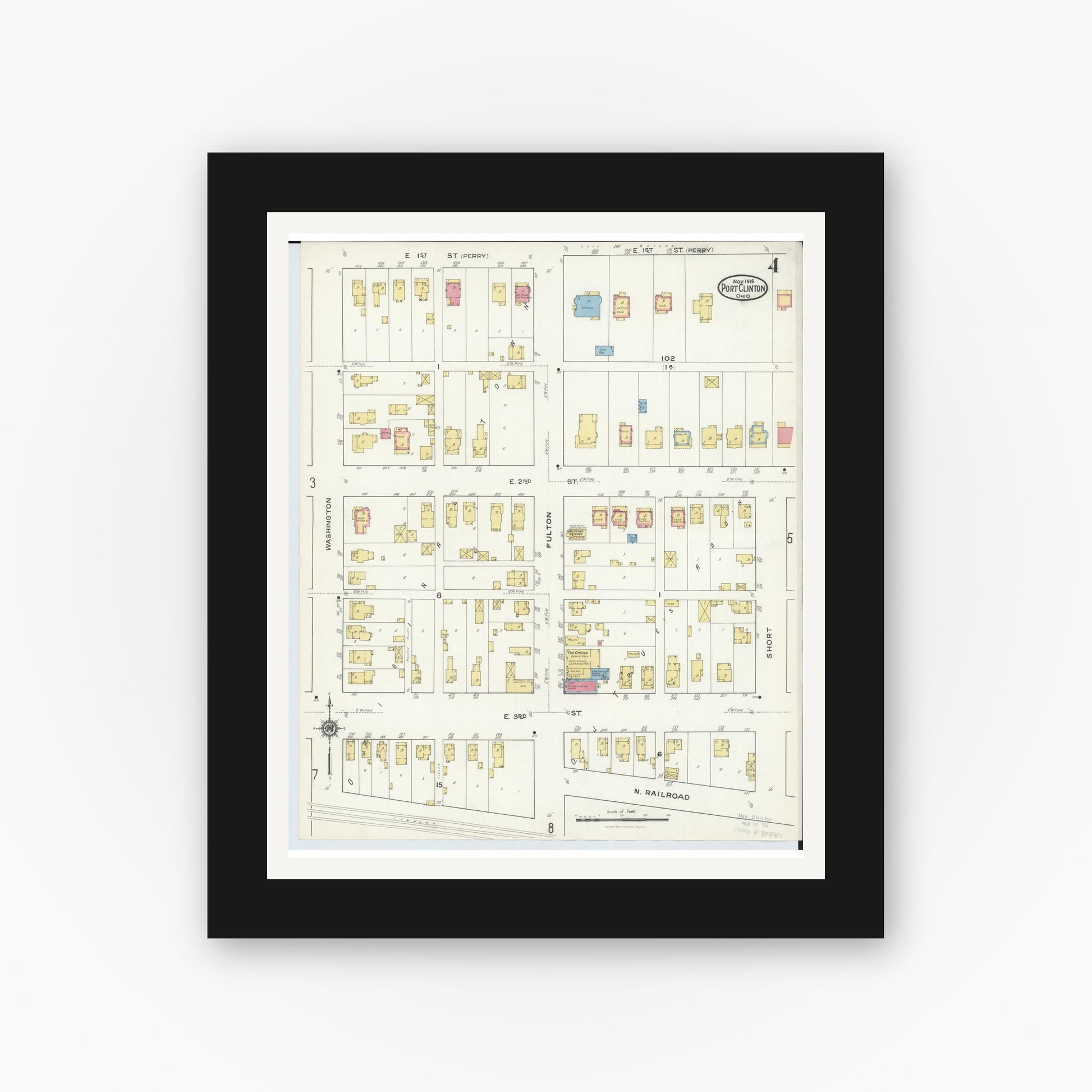 Old map wall art mockup — black gallery frame with white mat — Sanborn Fire Insurance Map from Port Clinton, Ottawa County, Ohio (1916), Sheet #0004