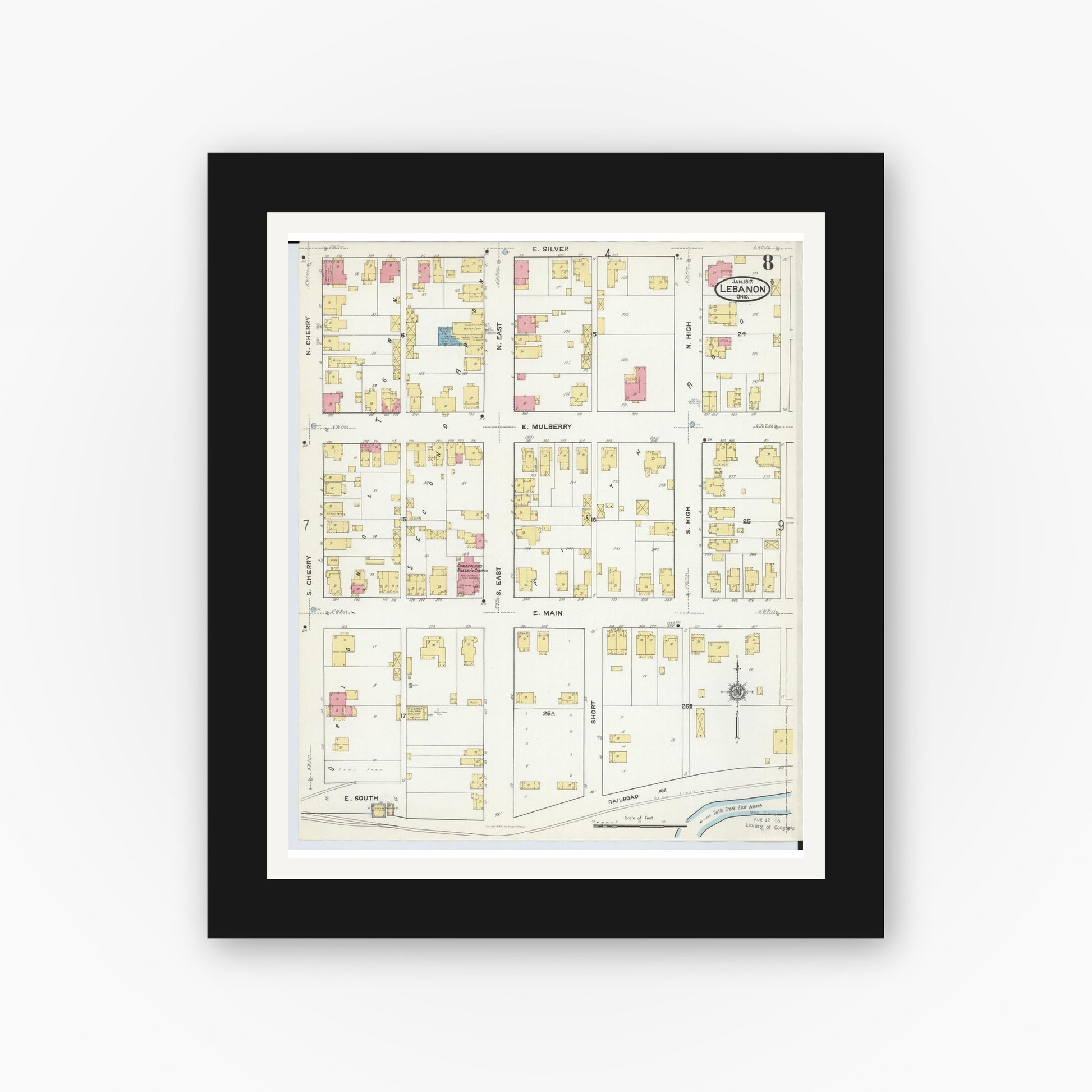 Old map wall art mockup — black gallery frame with white mat — Sanborn Fire Insurance Map from Lebanon, Warren County, Ohio (1917), Sheet #0008