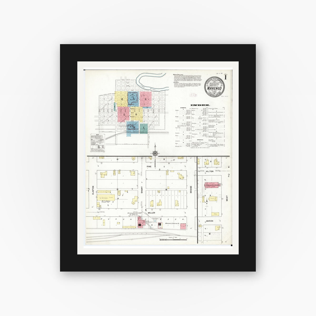 Old map wall art mockup — black gallery frame with white mat — Sanborn Fire Insurance Map from Marengo, Iowa County, Iowa (1911), Sheet #0001