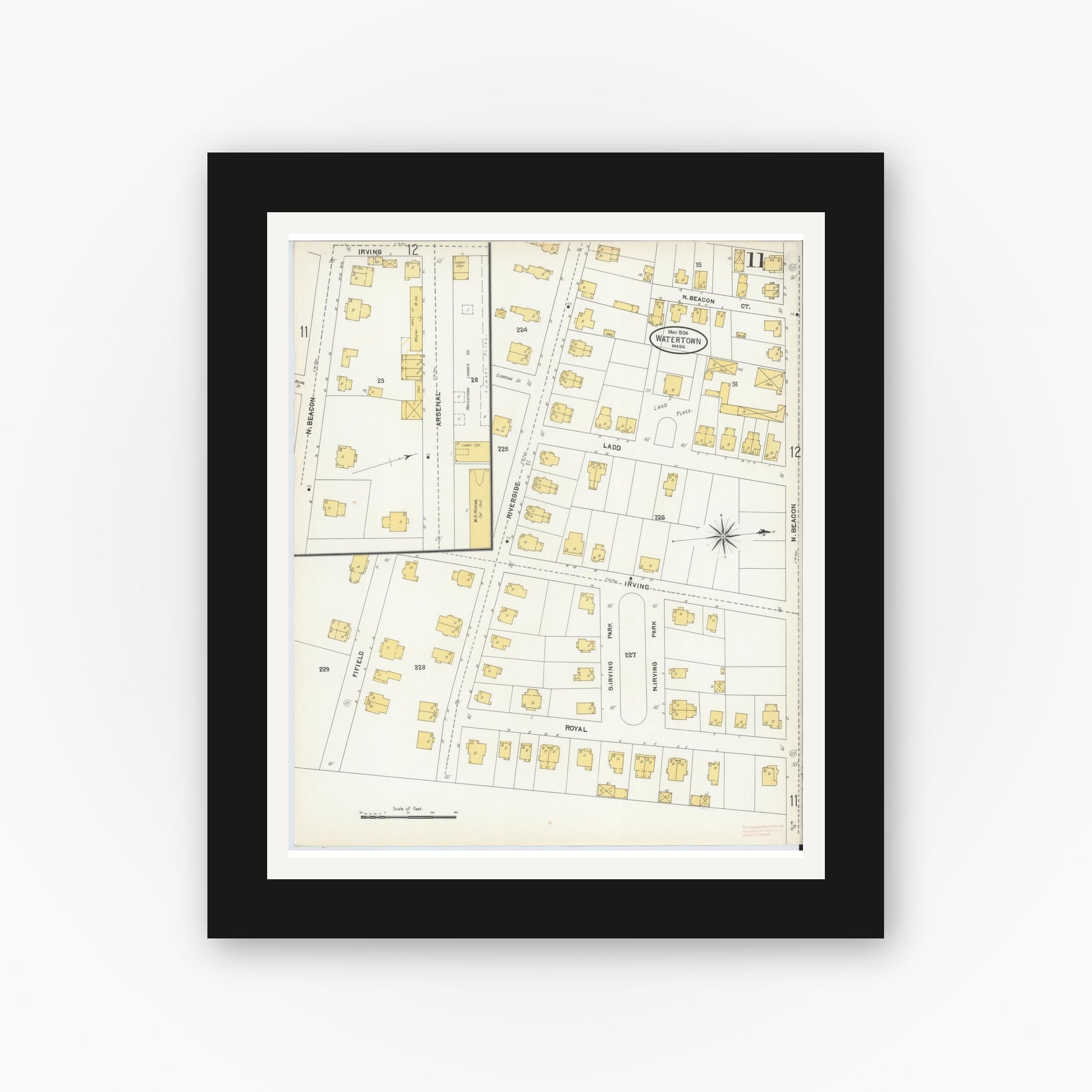 Old map wall art mockup — black gallery frame with white mat — Sanborn Fire Insurance Map from Watertown, Middlesex County, Massachusetts (1904), Sheet #0011