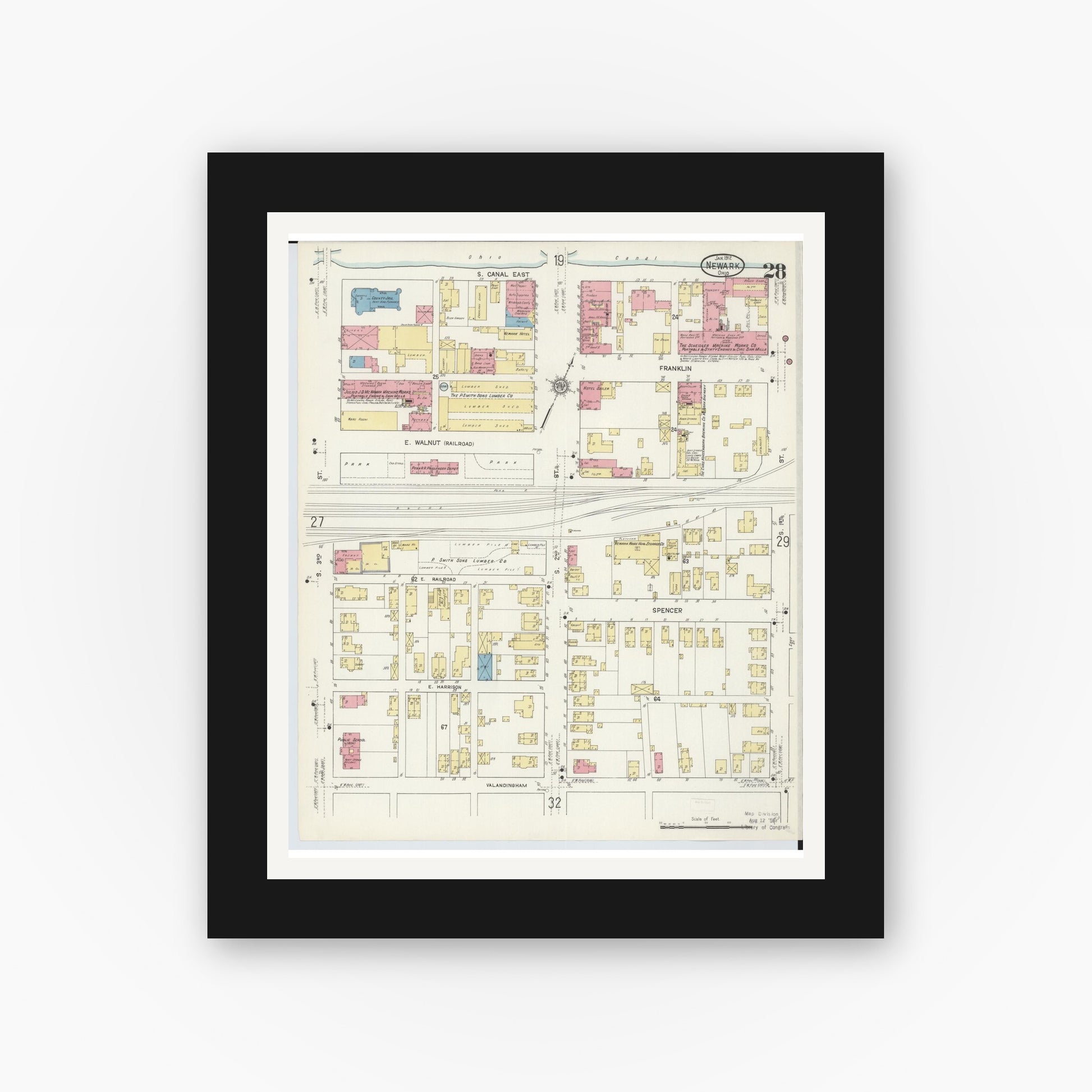 Old map wall art mockup — black gallery frame with white mat — Sanborn Fire Insurance Map from Newark, Licking County, Ohio (1912), Sheet #0028