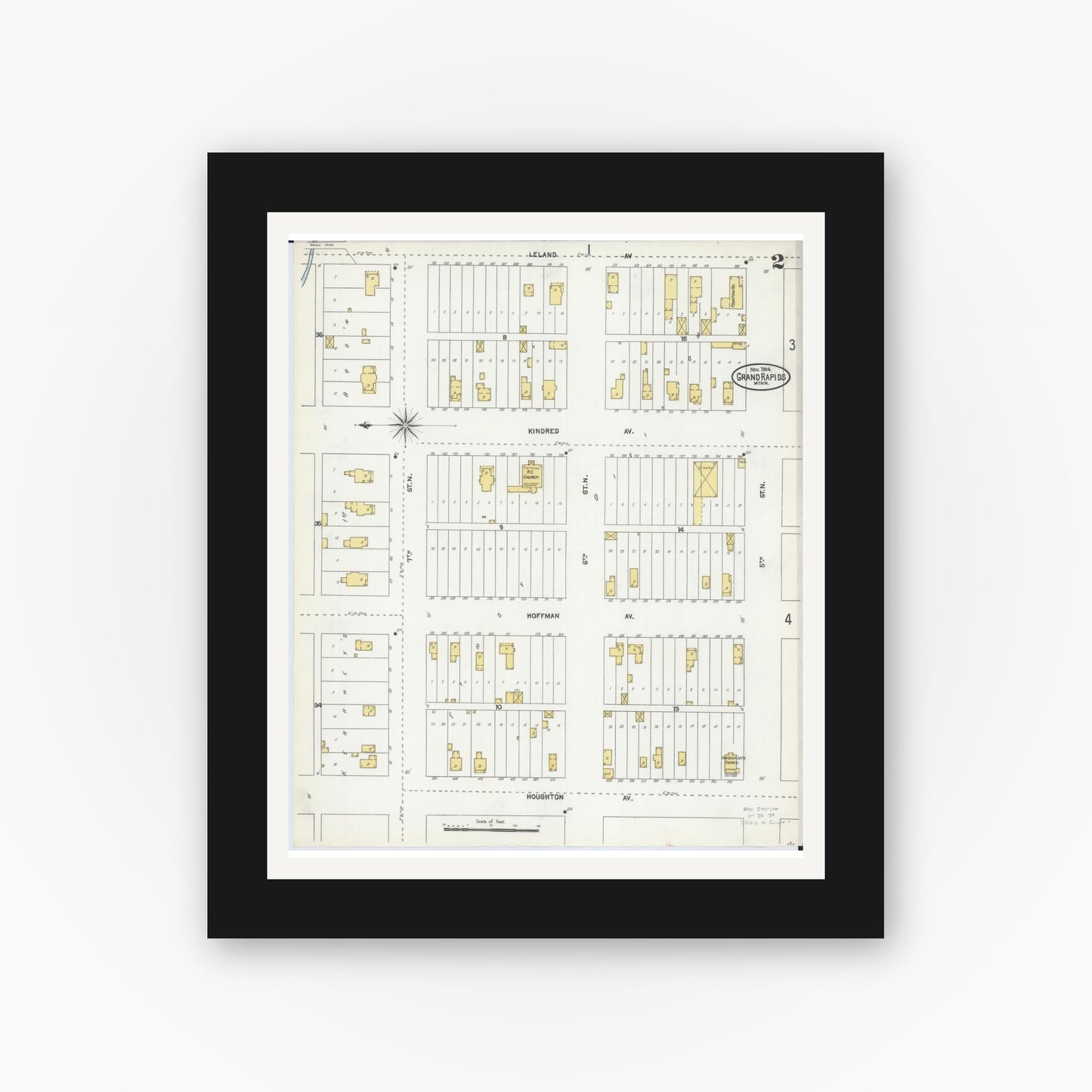 Old map wall art mockup — black gallery frame with white mat — Sanborn Fire Insurance Map from Grand Rapids, Itasca County, Minnesota (1904), Sheet #0002
