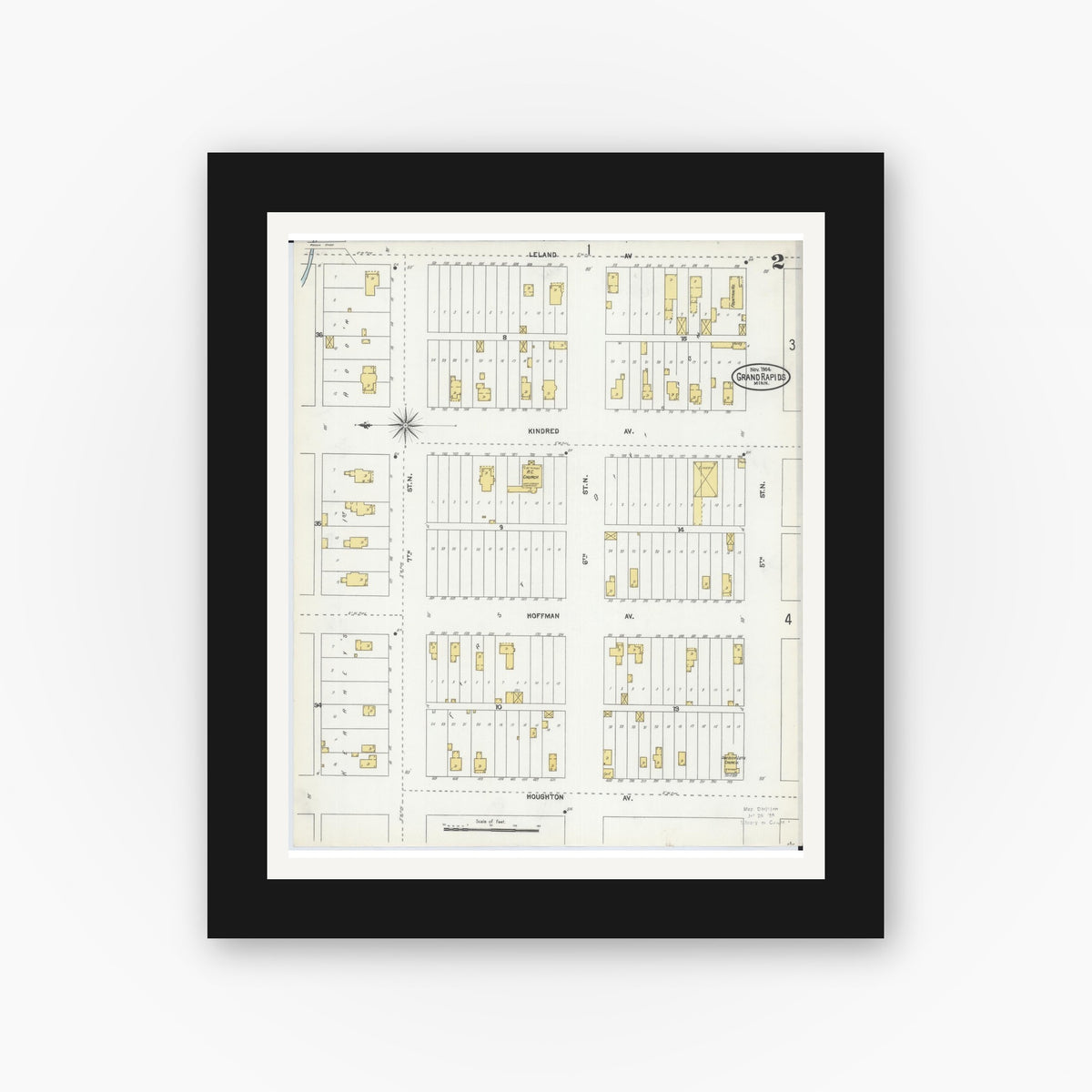 Old map wall art mockup — black gallery frame with white mat — Sanborn Fire Insurance Map from Grand Rapids, Itasca County, Minnesota (1904), Sheet #0002