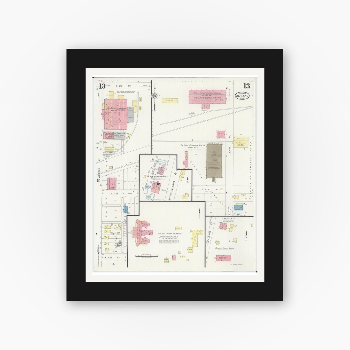 Old map wall art mockup — black gallery frame with white mat — Sanborn Fire Insurance Map from Ashland, Ashland County, Ohio (1930), Sheet #0013