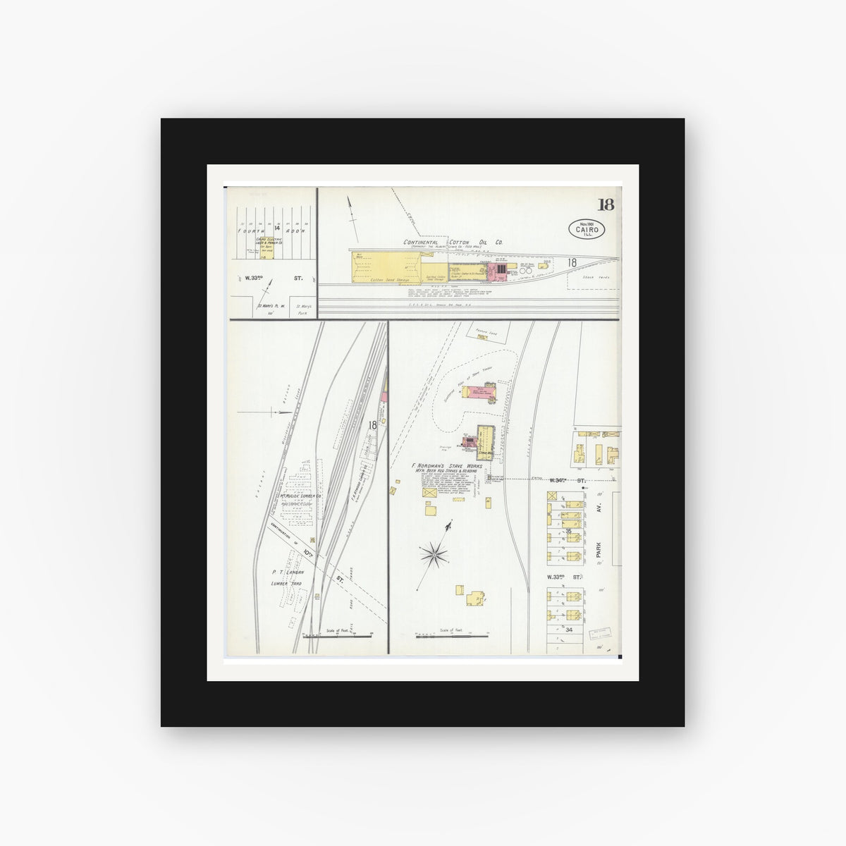 Old map wall art mockup — black gallery frame with white mat — Sanborn Fire Insurance Map from Cairo, Alexander County, Illinois (1901), Sheet #0018