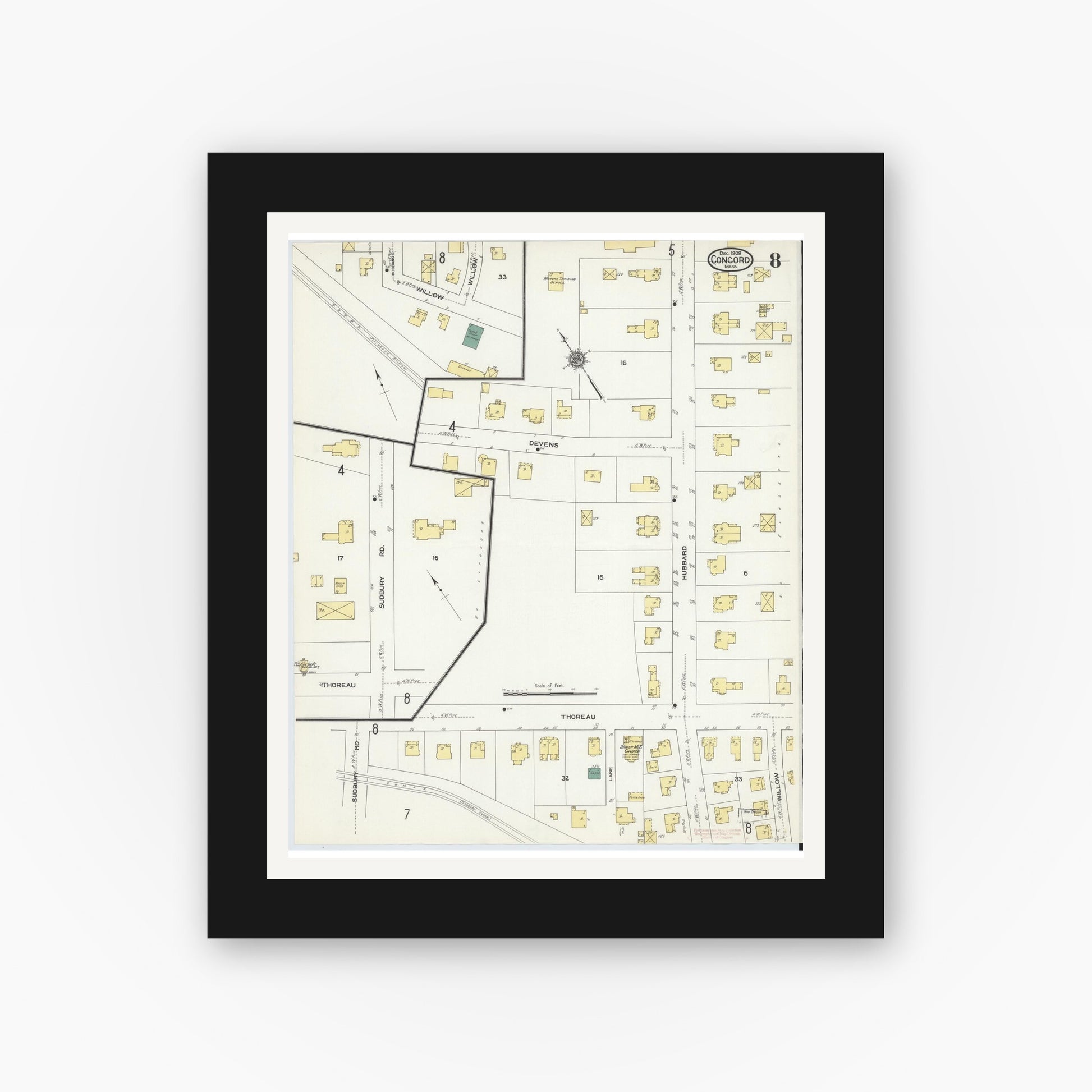 Old map wall art mockup — black gallery frame with white mat — Sanborn Fire Insurance Map from Concord, Middlesex County, Massachusetts (1909), Sheet #0008