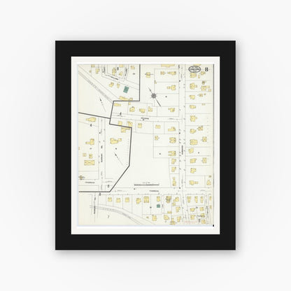 Old map wall art mockup — black gallery frame with white mat — Sanborn Fire Insurance Map from Concord, Middlesex County, Massachusetts (1909), Sheet #0008