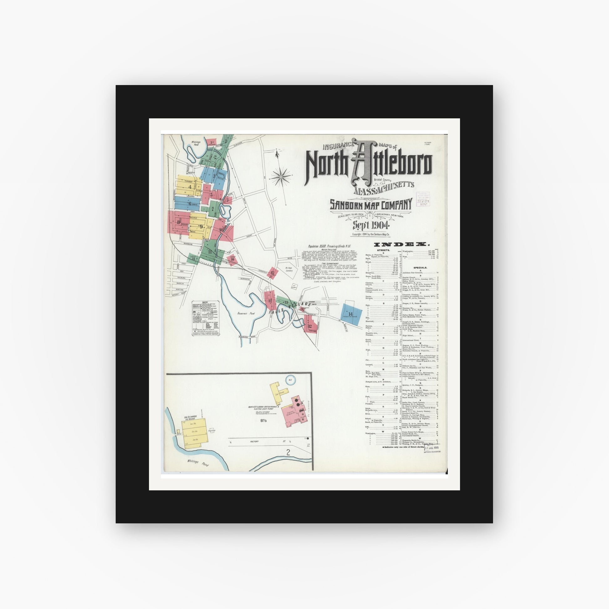 Old map wall art mockup — black gallery frame with white mat — Sanborn Fire Insurance Map from North Attleborough, Bristol County, Massachusetts (1904) - Complete Map Set