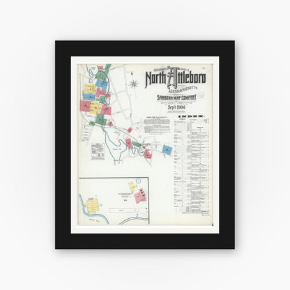 Old map wall art mockup — black gallery frame with white mat — Sanborn Fire Insurance Map from North Attleborough, Bristol County, Massachusetts (1904) - Complete Map Set