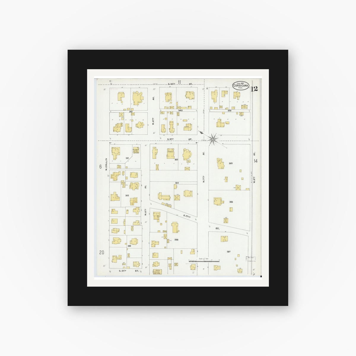Old map wall art mockup — black gallery frame with white mat — Sanborn Fire Insurance Map from Corsicana, Navarro County, Texas (1905), Sheet #0012