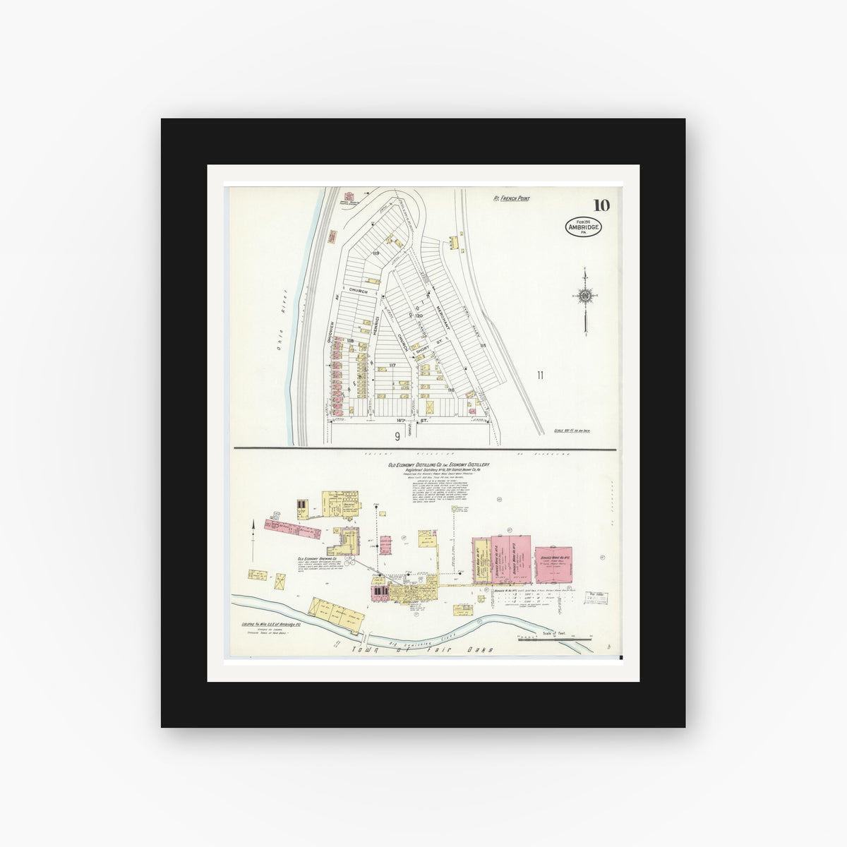 Old map wall art mockup — black gallery frame with white mat — Sanborn Fire Insurance Map from Ambridge, Beaver County, Pennsylvania (1911), Sheet #0010