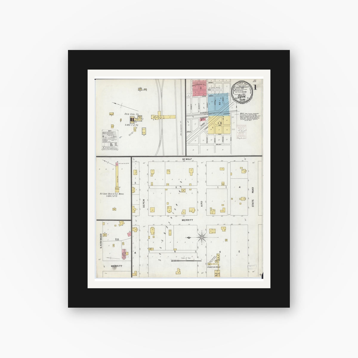 Old map wall art mockup — black gallery frame with white mat — Sanborn Fire Insurance Map from Odin, Marion County, Illinois (1899) - Complete Map Set