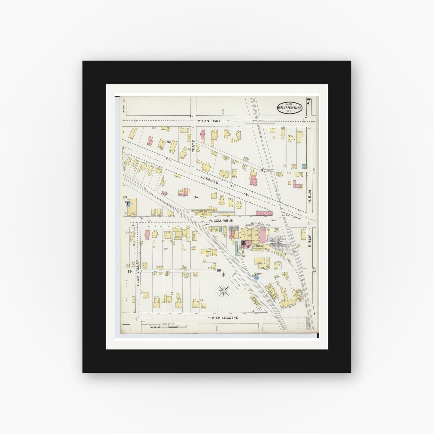 Old map wall art mockup — black gallery frame with white mat — Sanborn Fire Insurance Map from Bellefontaine, Logan County, Ohio (1892), Sheet #0007