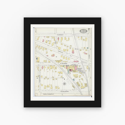 Old map wall art mockup — black gallery frame with white mat — Sanborn Fire Insurance Map from Bellefontaine, Logan County, Ohio (1892), Sheet #0007