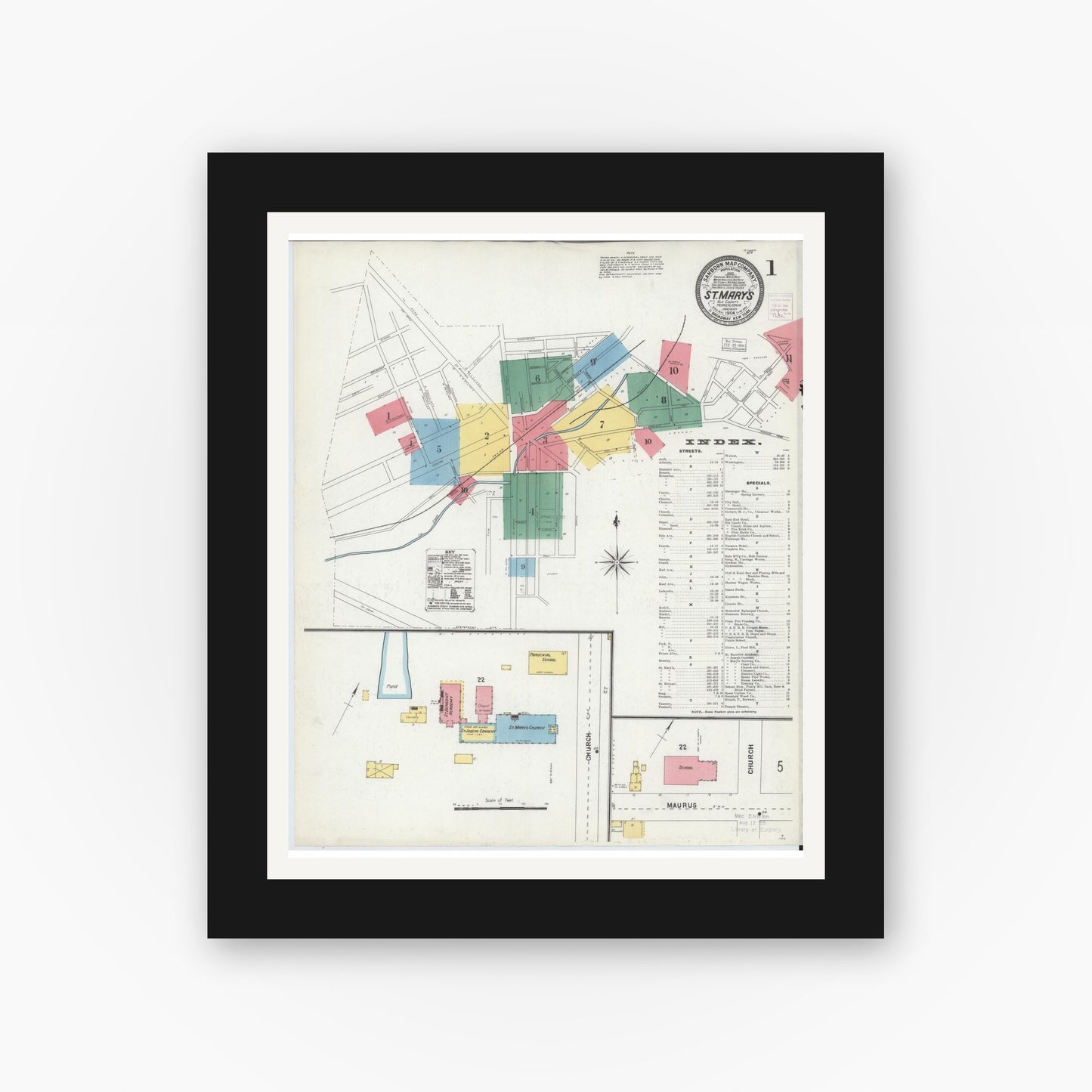 Old map wall art mockup — black gallery frame with white mat — Sanborn Fire Insurance Map from Saint Marys, Elk County, Pennsylvania (1904) - Complete Map Set