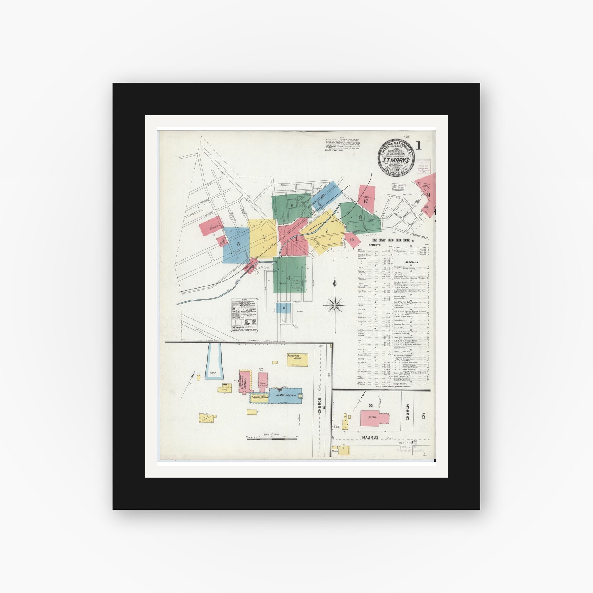 Old map wall art mockup — black gallery frame with white mat — Sanborn Fire Insurance Map from Saint Marys, Elk County, Pennsylvania (1904) - Complete Map Set