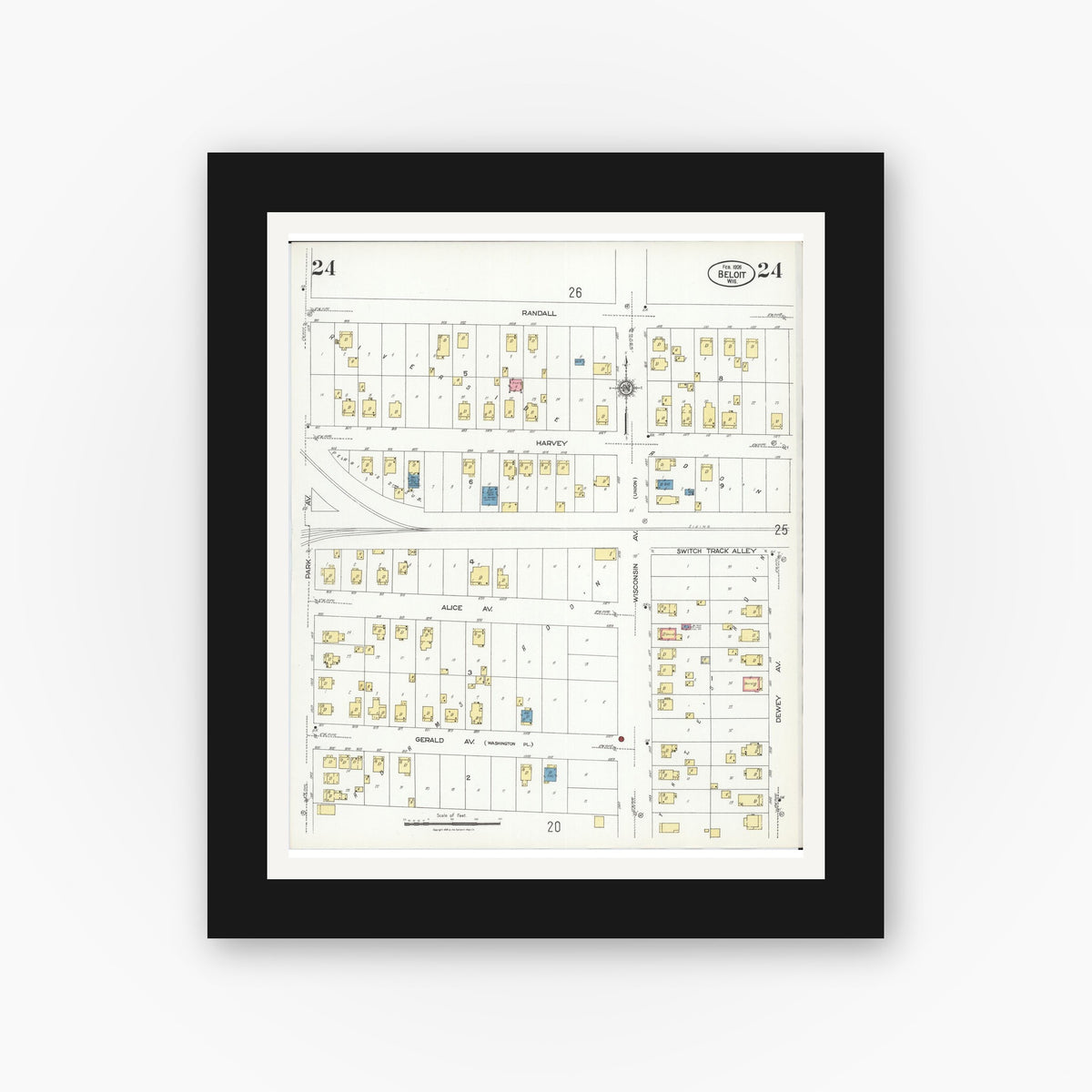 Old map wall art mockup — black gallery frame with white mat — Sanborn Fire Insurance Map from Beloit, Rock County, Wisconsin (1926), Sheet #0024