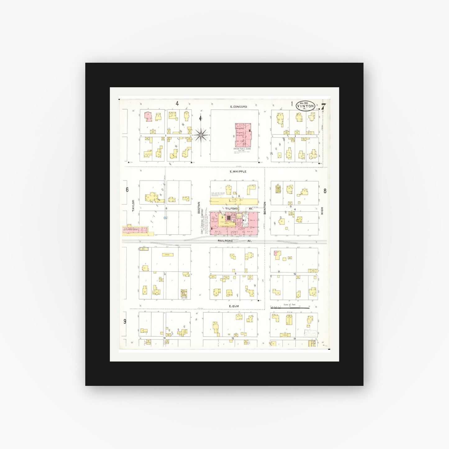 Old map wall art mockup — black gallery frame with white mat — Sanborn Fire Insurance Map from Vinton, Benton County, Iowa (1906), Sheet #0007