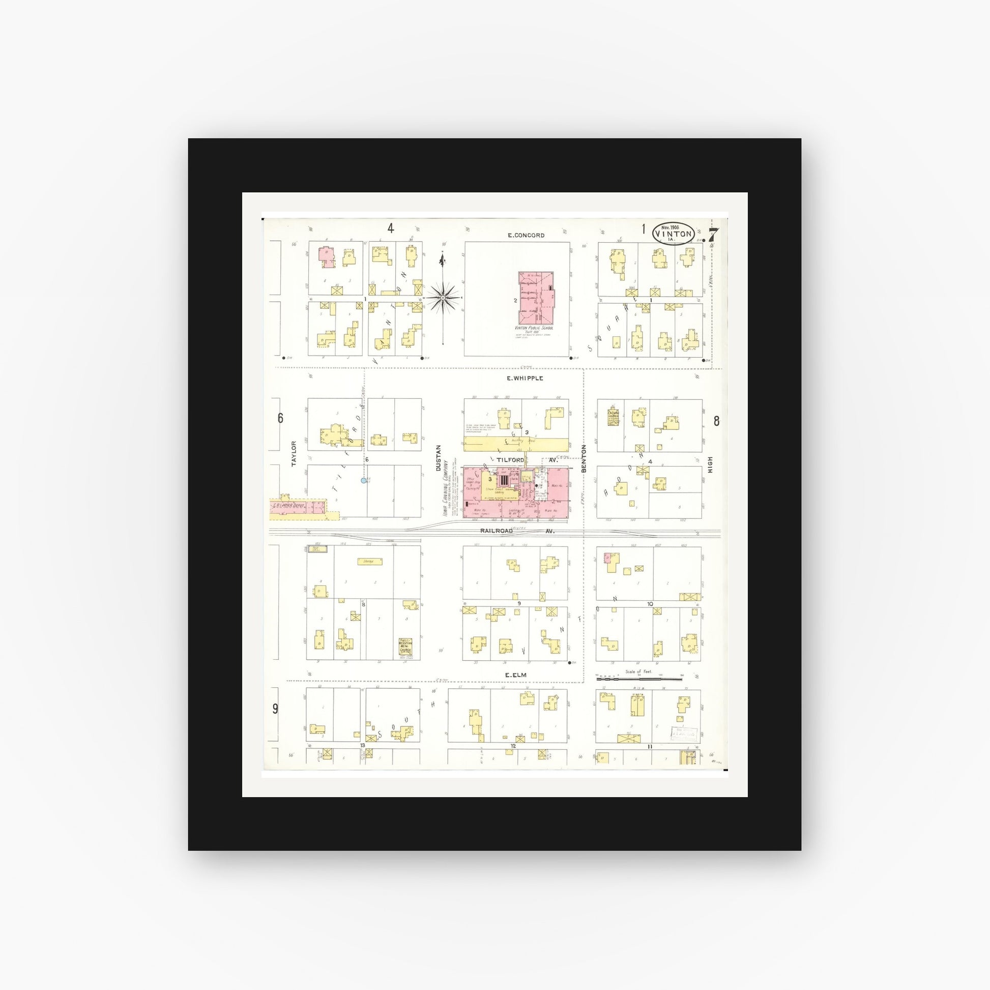 Old map wall art mockup — black gallery frame with white mat — Sanborn Fire Insurance Map from Vinton, Benton County, Iowa (1906), Sheet #0007
