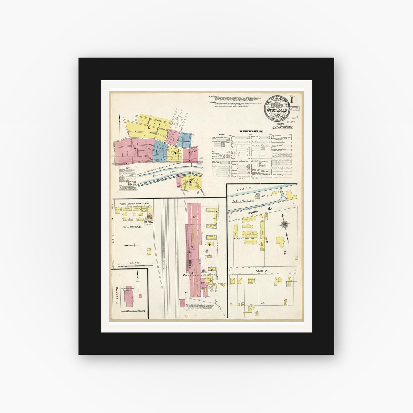 Old map wall art mockup — black gallery frame with white mat — Sanborn Fire Insurance Map from Bound Brook, Somerset County, New Jersey (1910), Sheet #0001