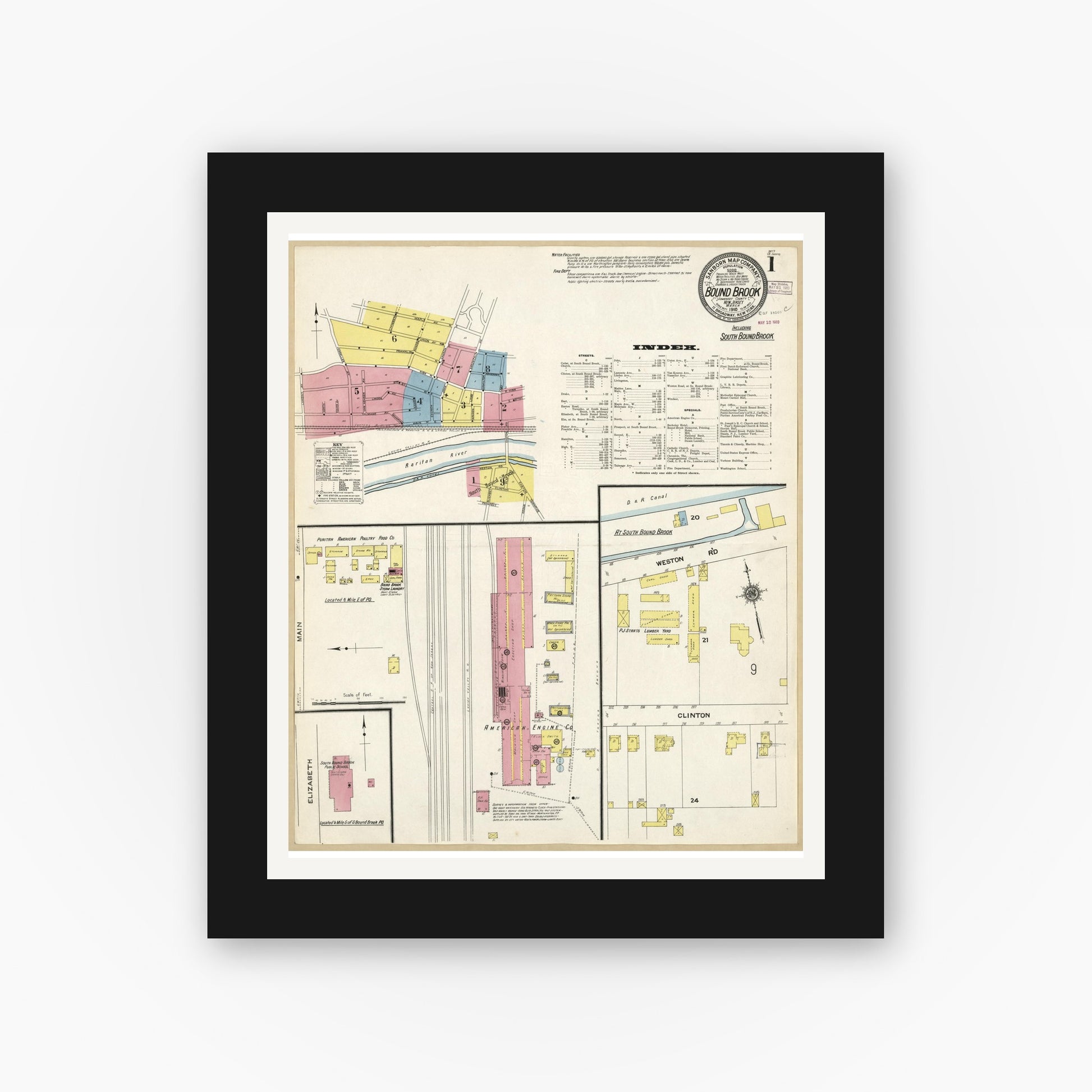 Old map wall art mockup — black gallery frame with white mat — Sanborn Fire Insurance Map from Bound Brook, Somerset County, New Jersey (1910), Sheet #0001