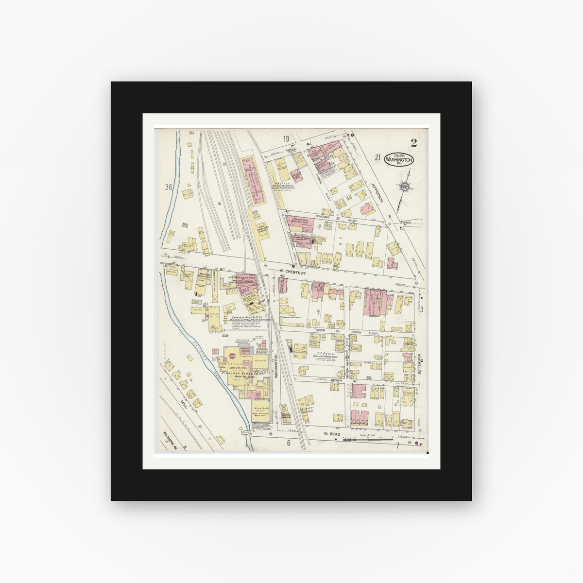 Old map wall art mockup — black gallery frame with white mat — Sanborn Fire Insurance Map from Washington, Washington County, Pennsylvania (1914), Sheet #0002