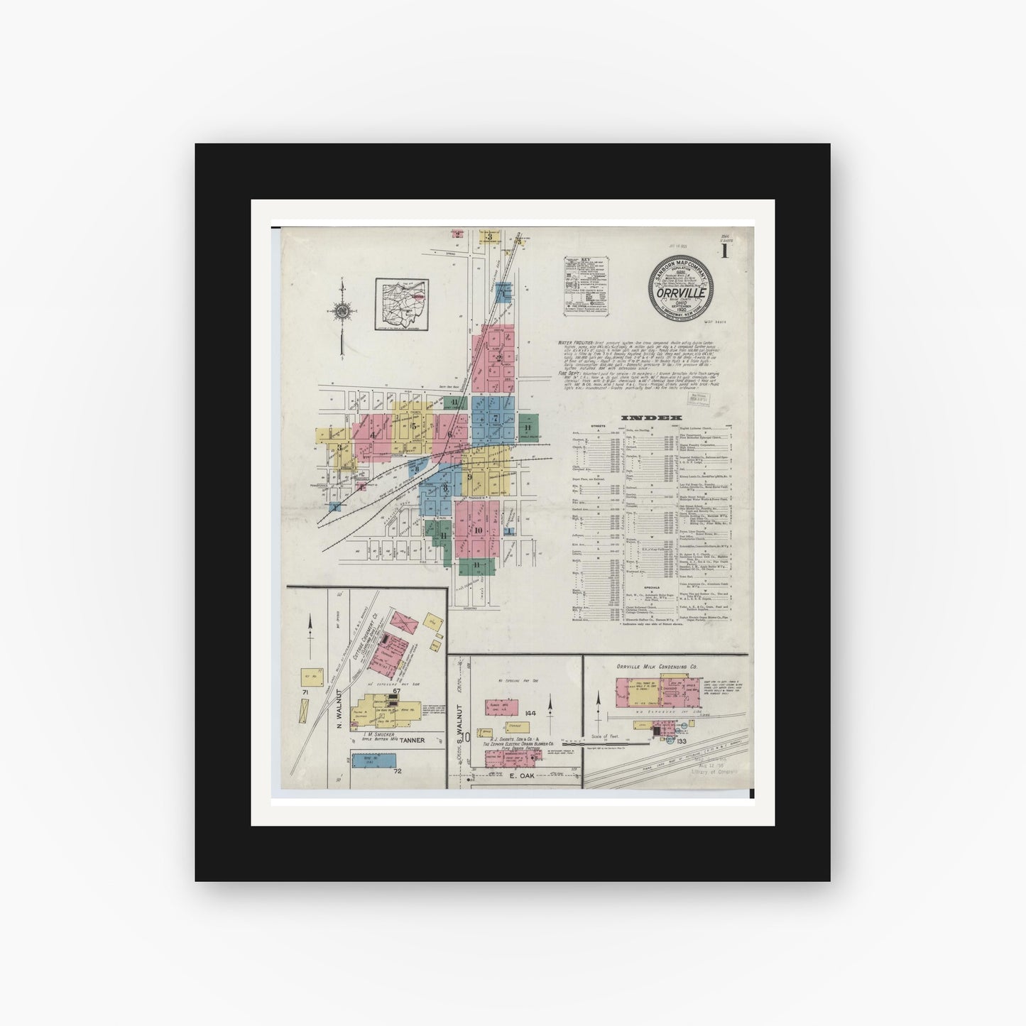 Old map wall art mockup — black gallery frame with white mat — Sanborn Fire Insurance Map from Orrville, Wayne County, Ohio (1920) - Complete Map Set