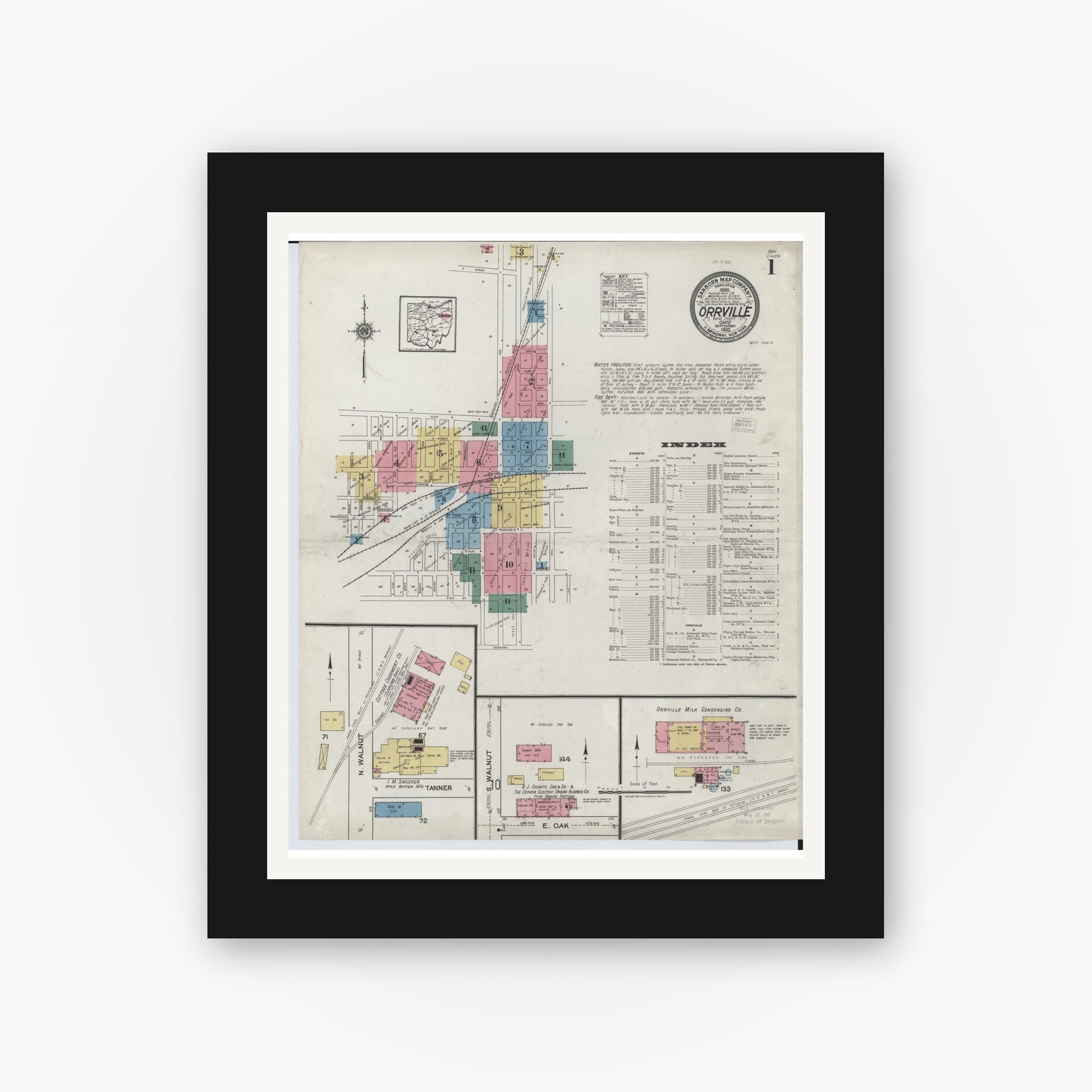 Old map wall art mockup — black gallery frame with white mat — Sanborn Fire Insurance Map from Orrville, Wayne County, Ohio (1920) - Complete Map Set