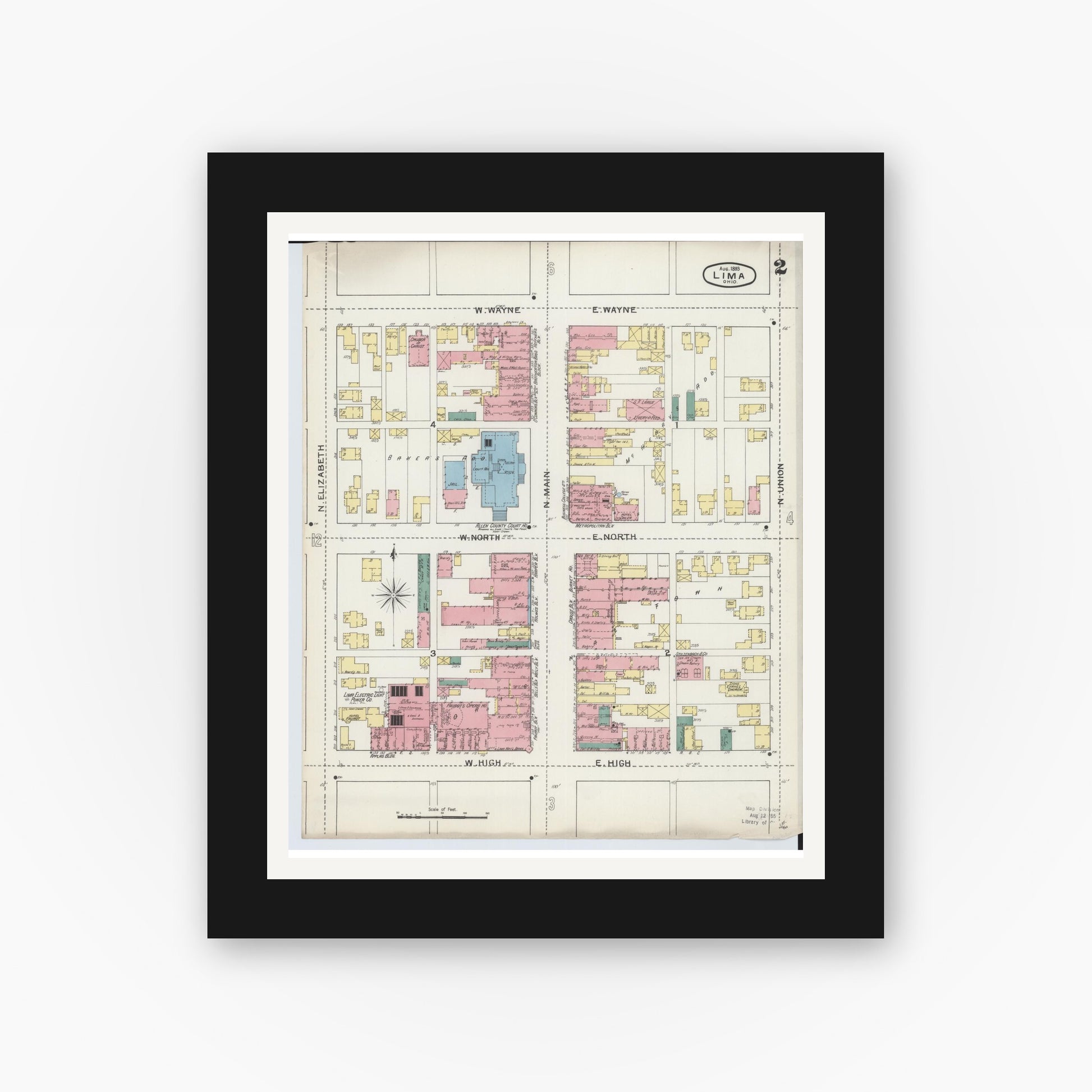 Old map wall art mockup — black gallery frame with white mat — Sanborn Fire Insurance Map from Lima, Allen County, Ohio (1893), Sheet #0002