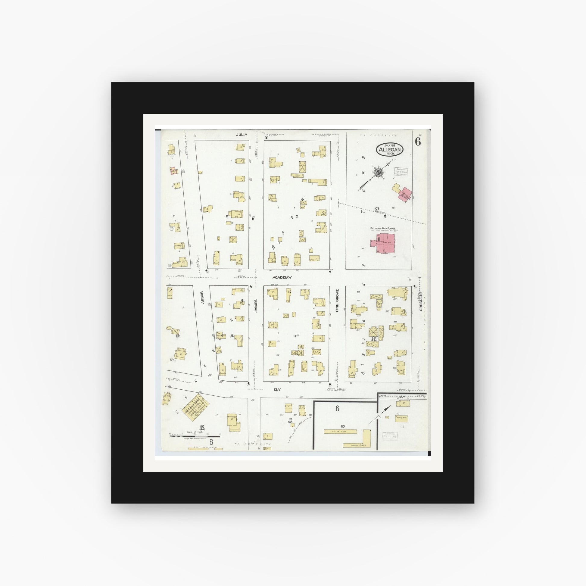 Old map wall art mockup — black gallery frame with white mat — Sanborn Fire Insurance Map from Allegan, Allegan County, Michigan (1918), Sheet #0006