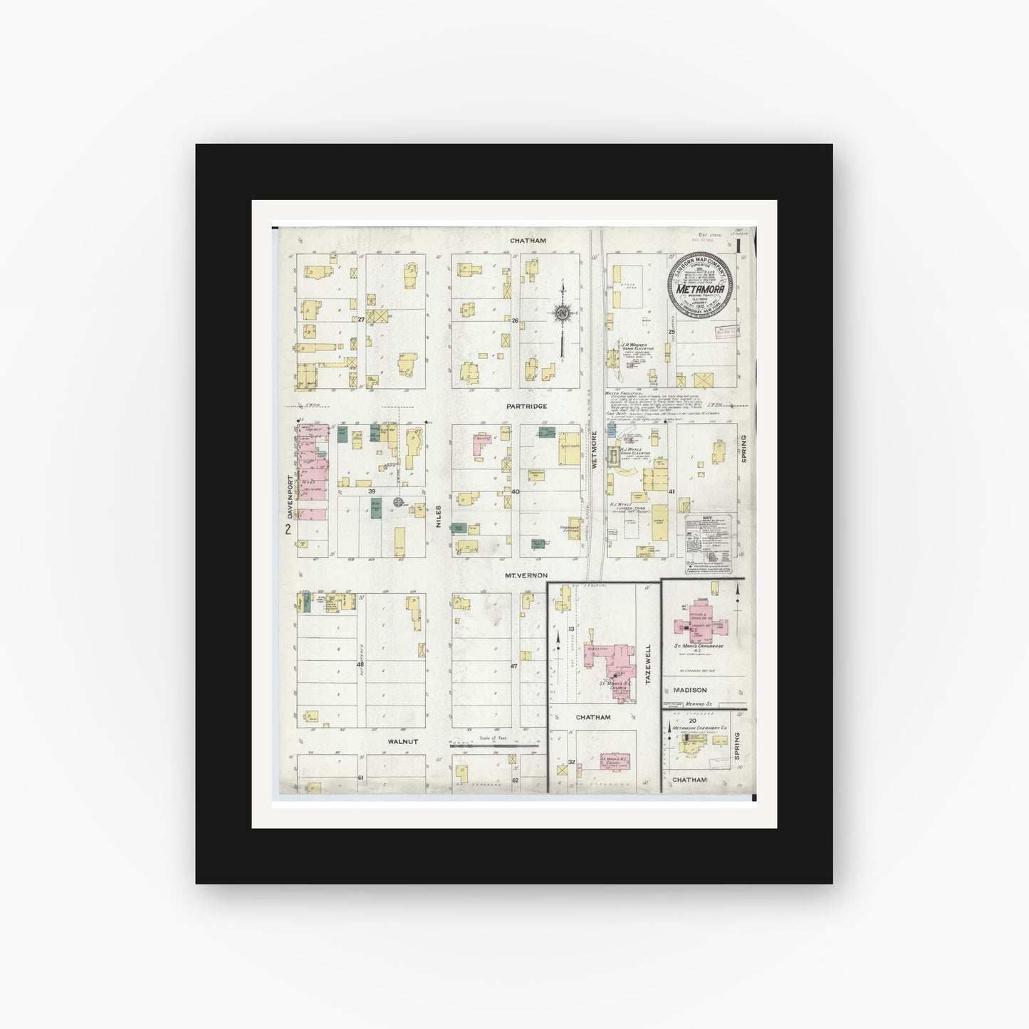 Old map wall art mockup — black gallery frame with white mat — Sanborn Fire Insurance Map from Metamora, Woodford County, Illinois (1910) - Complete Map Set