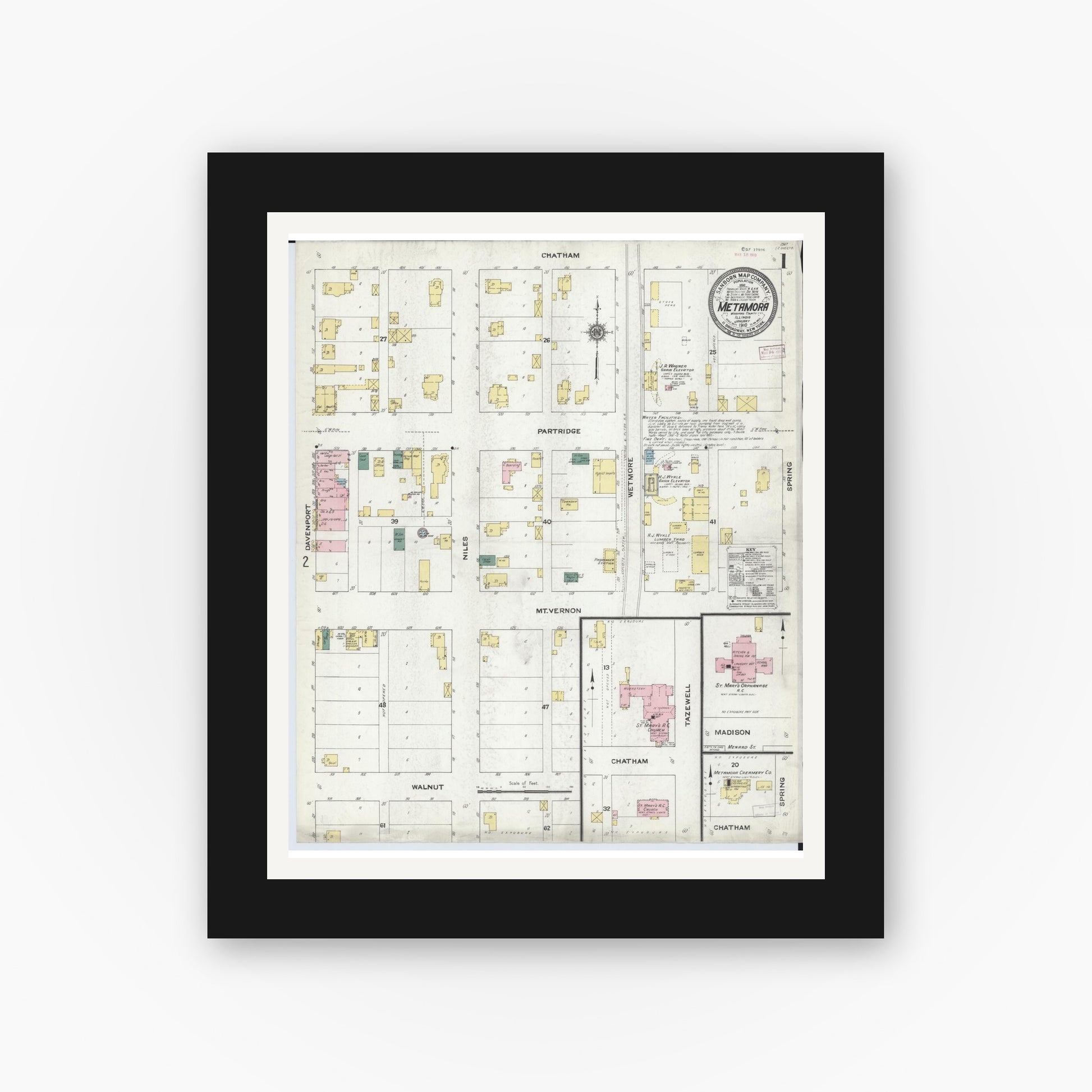 Old map wall art mockup — black gallery frame with white mat — Sanborn Fire Insurance Map from Metamora, Woodford County, Illinois (1910) - Complete Map Set