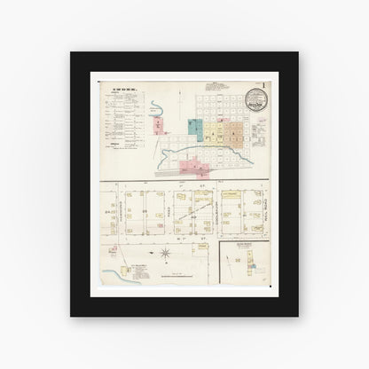 Old map wall art mockup — black gallery frame with white mat — Sanborn Fire Insurance Map from Red Oak, Montgomery County, Iowa (1886) â€” Complete Set