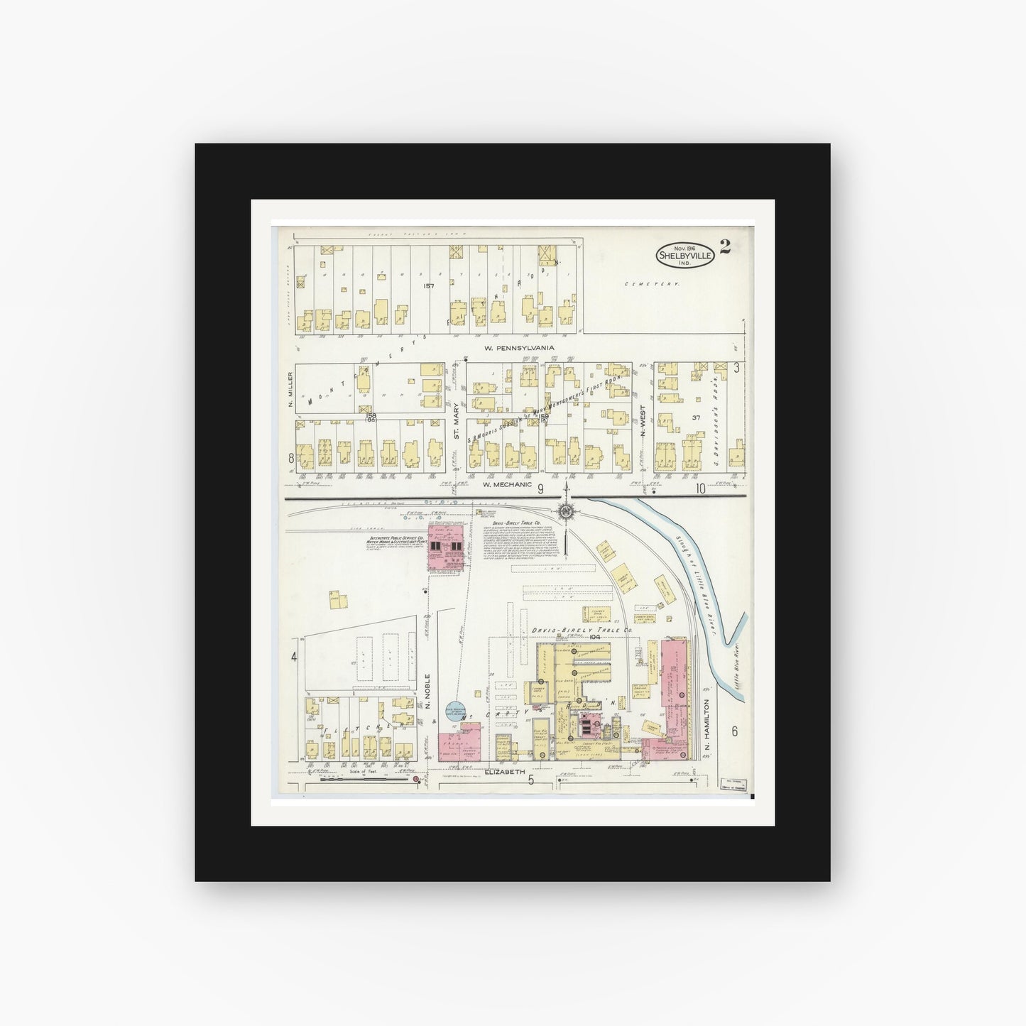 Old map wall art mockup — black gallery frame with white mat — Sanborn Fire Insurance Map from Shelbyville, Shelby County, Indiana (1916), Sheet #0002