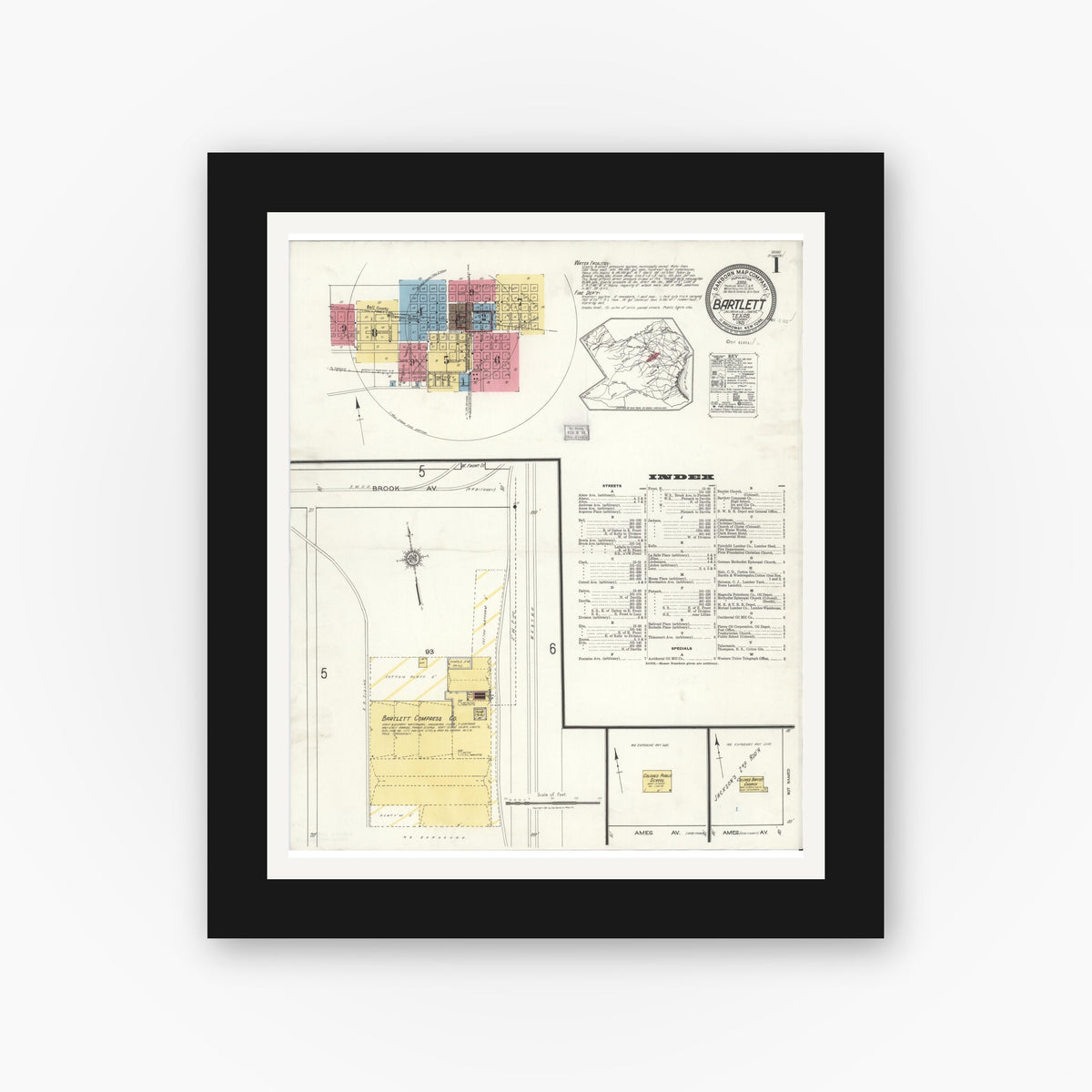 Old map wall art mockup — black gallery frame with white mat — Sanborn Fire Insurance Map from Bartlett, Bell and Williamson Counties, Texas (1921), Sheet #0001