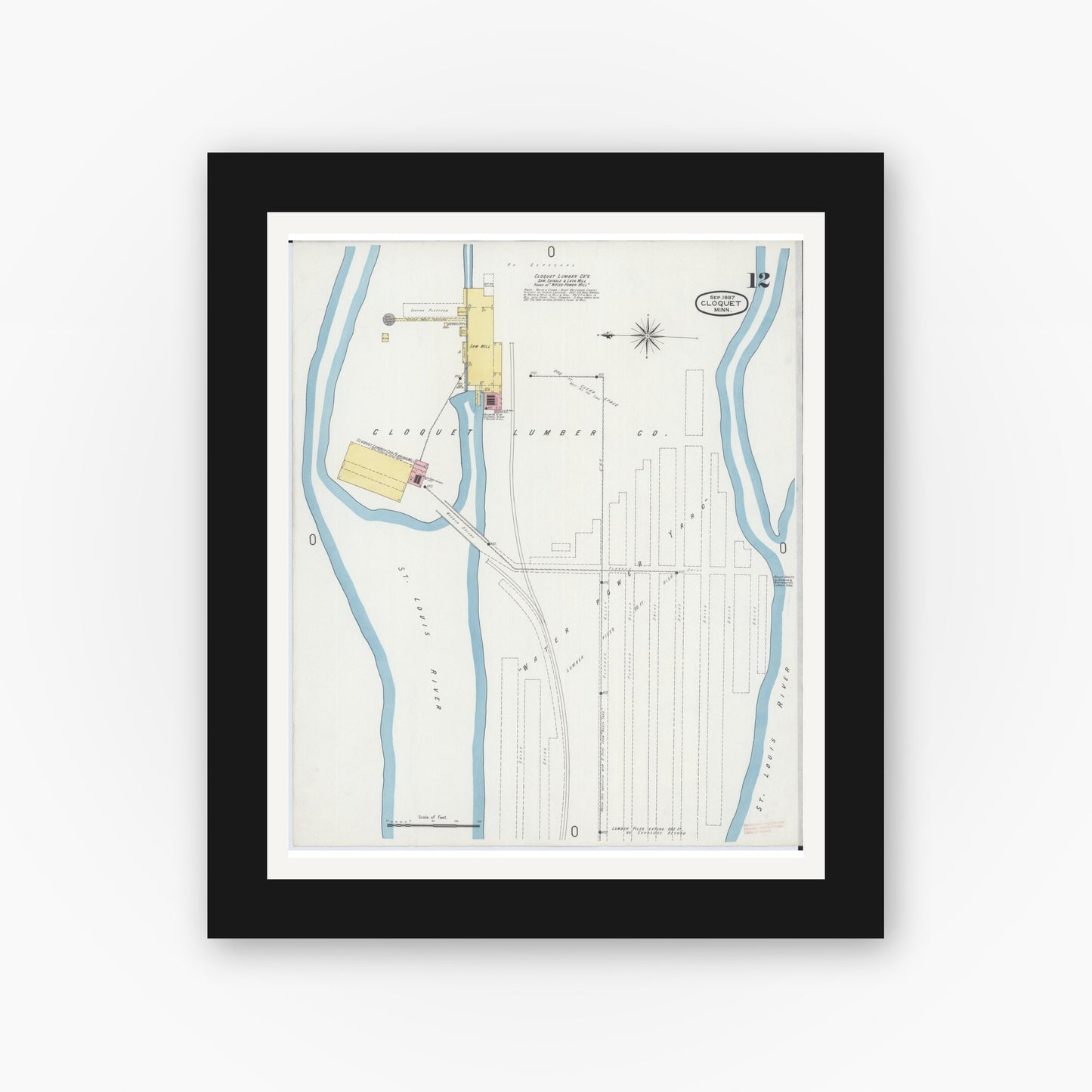 Old map wall art mockup — black gallery frame with white mat — Sanborn Fire Insurance Map from Cloquet, Carlton County, Minnesota (1897), Sheet #0012