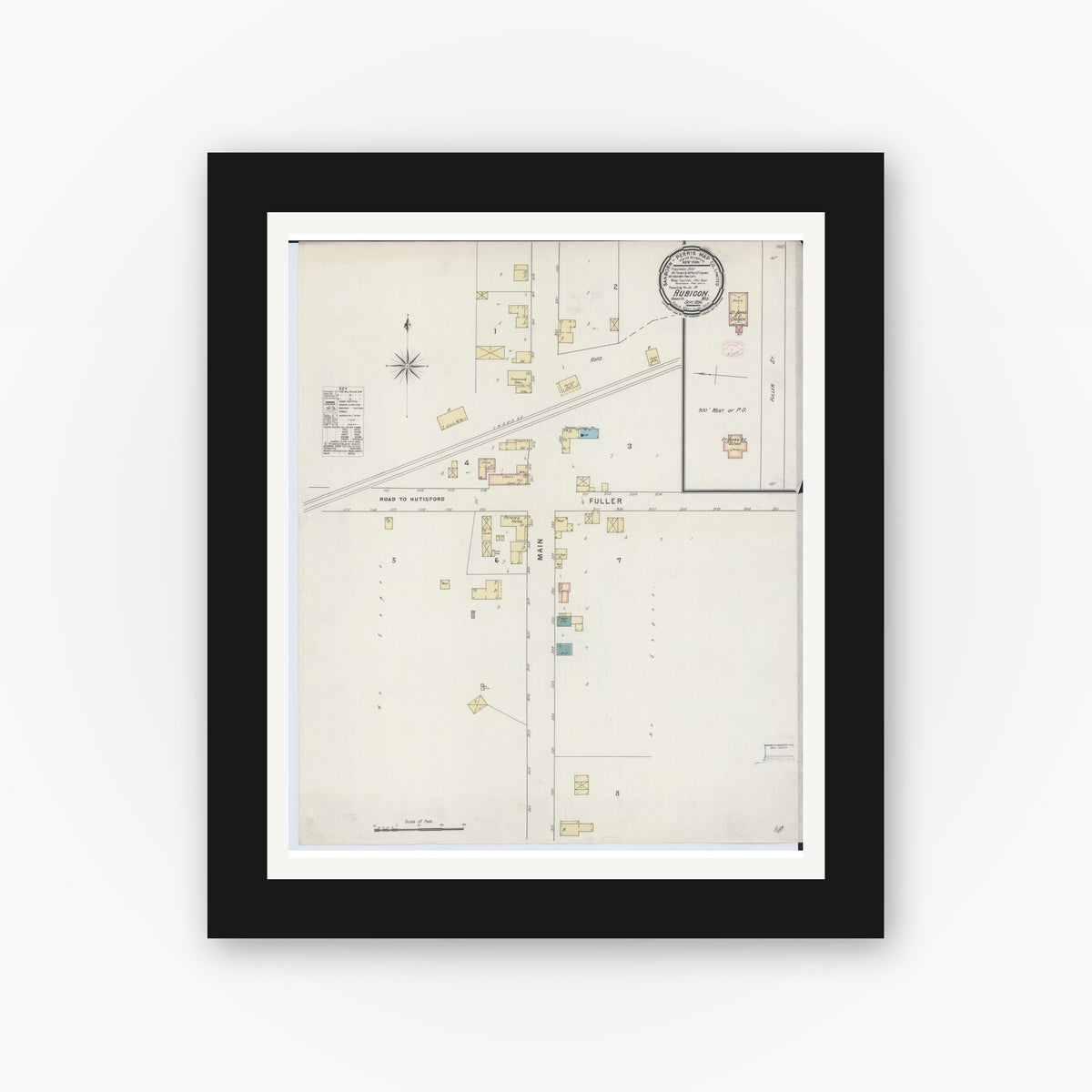 Old map wall art mockup — black gallery frame with white mat — Sanborn Fire Insurance Map from Rubicon, Dodge County, Wisconsin (1894), Sheet #0001