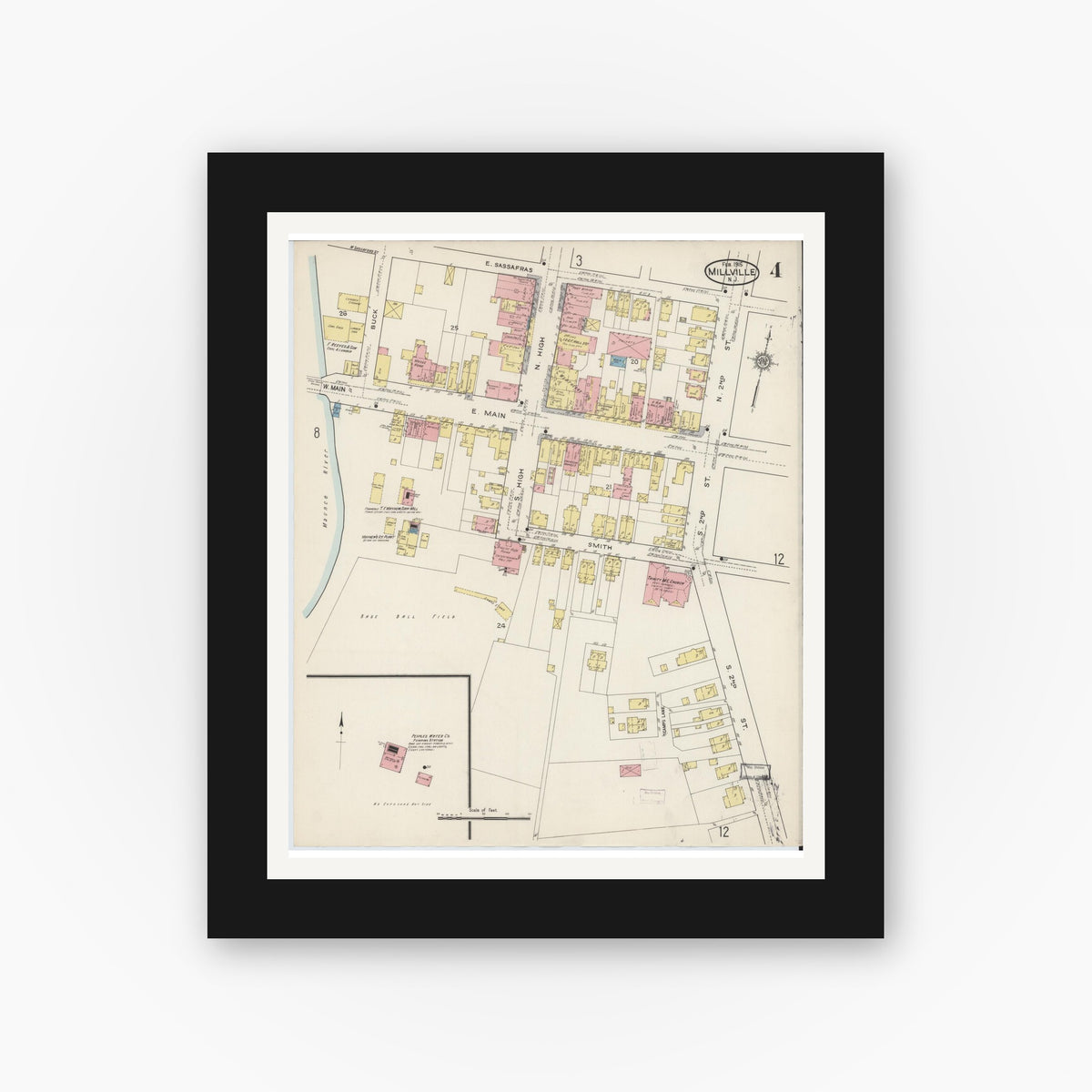 Old map wall art mockup — black gallery frame with white mat — Sanborn Fire Insurance Map from Millville, Cumberland County, New Jersey (1915), Sheet #0004