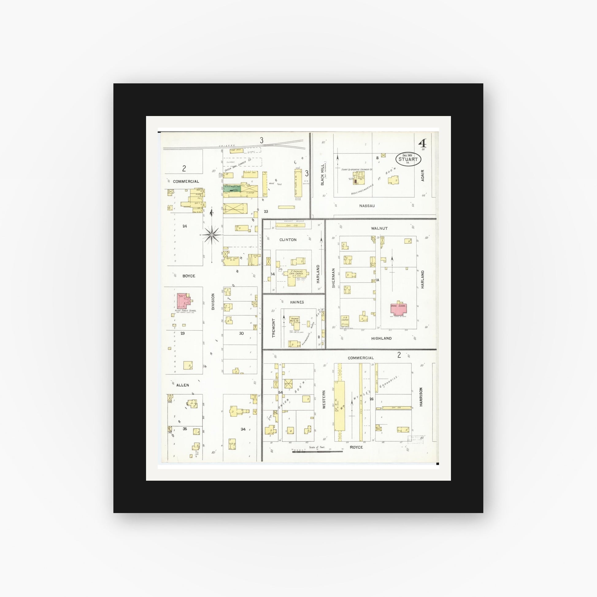 Old map wall art mockup — black gallery frame with white mat — Sanborn Fire Insurance Map from Stuart, Guthrie and Adair Counties, Iowa (1901), Sheet #0004