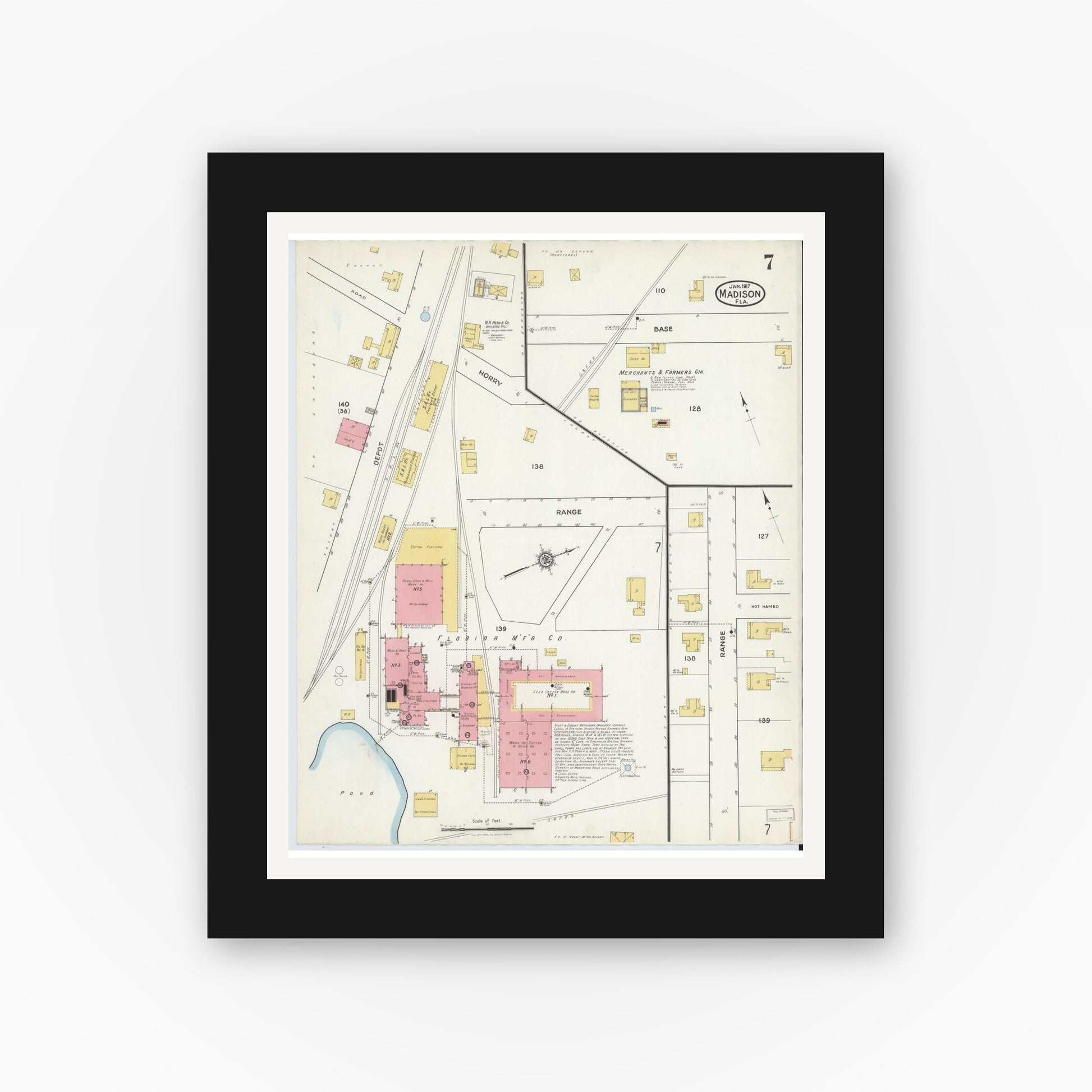 Old map wall art mockup — black gallery frame with white mat — Sanborn Fire Insurance Map from Madison, Madison County, Florida (1917), Sheet #0007