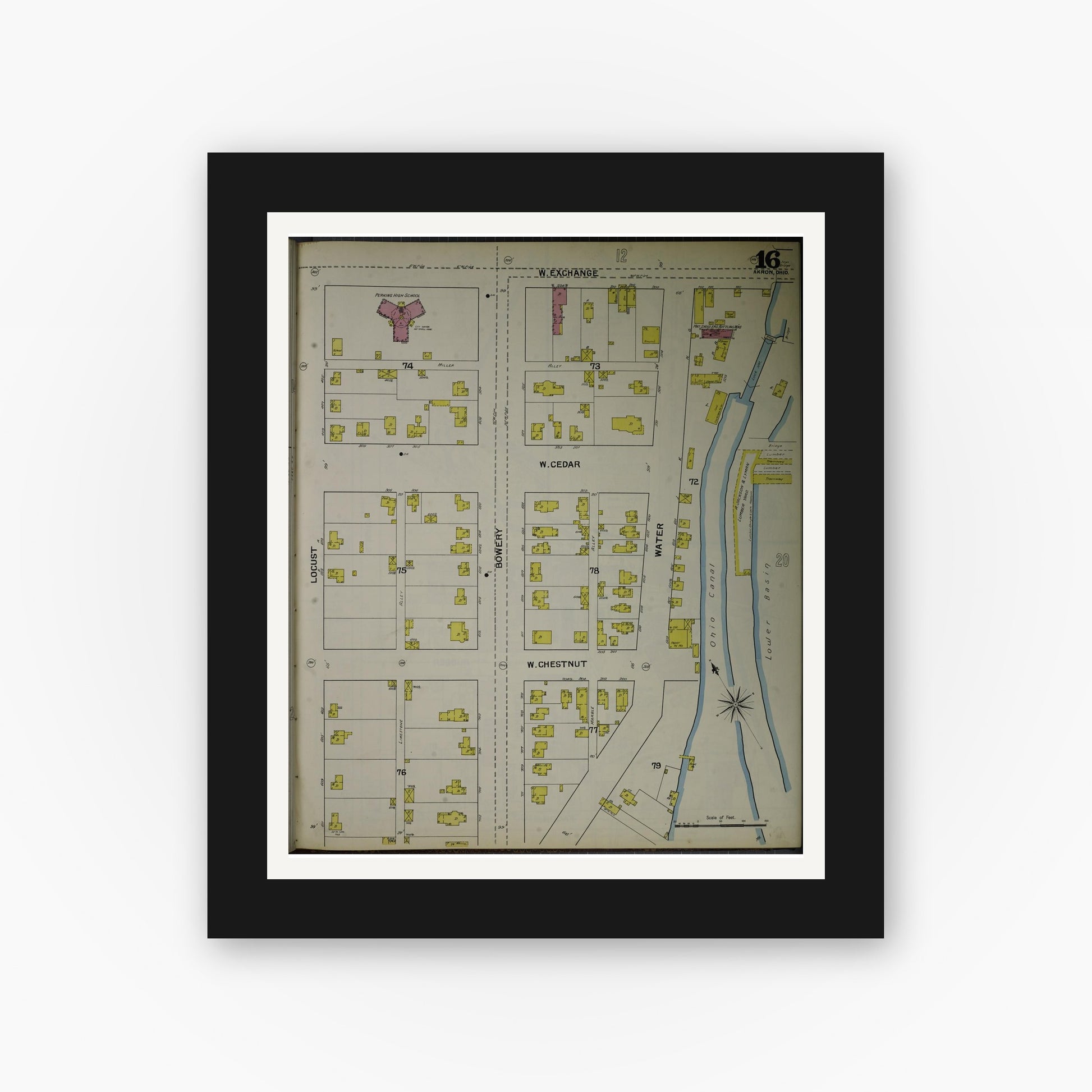 Old map wall art mockup — black gallery frame with white mat — Sanborn Fire Insurance Map from Akron, Summit County, Ohio (1892), Sheet #0016