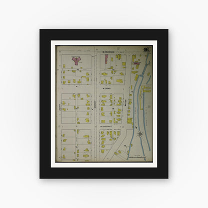 Old map wall art mockup — black gallery frame with white mat — Sanborn Fire Insurance Map from Akron, Summit County, Ohio (1892), Sheet #0016