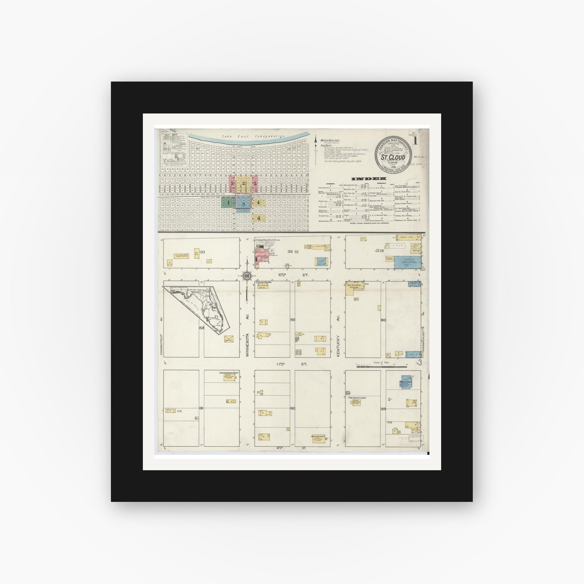 Old map wall art mockup — black gallery frame with white mat — Sanborn Fire Insurance Map from Saint Cloud, Osceola County, Florida (1915), Sheet #0001